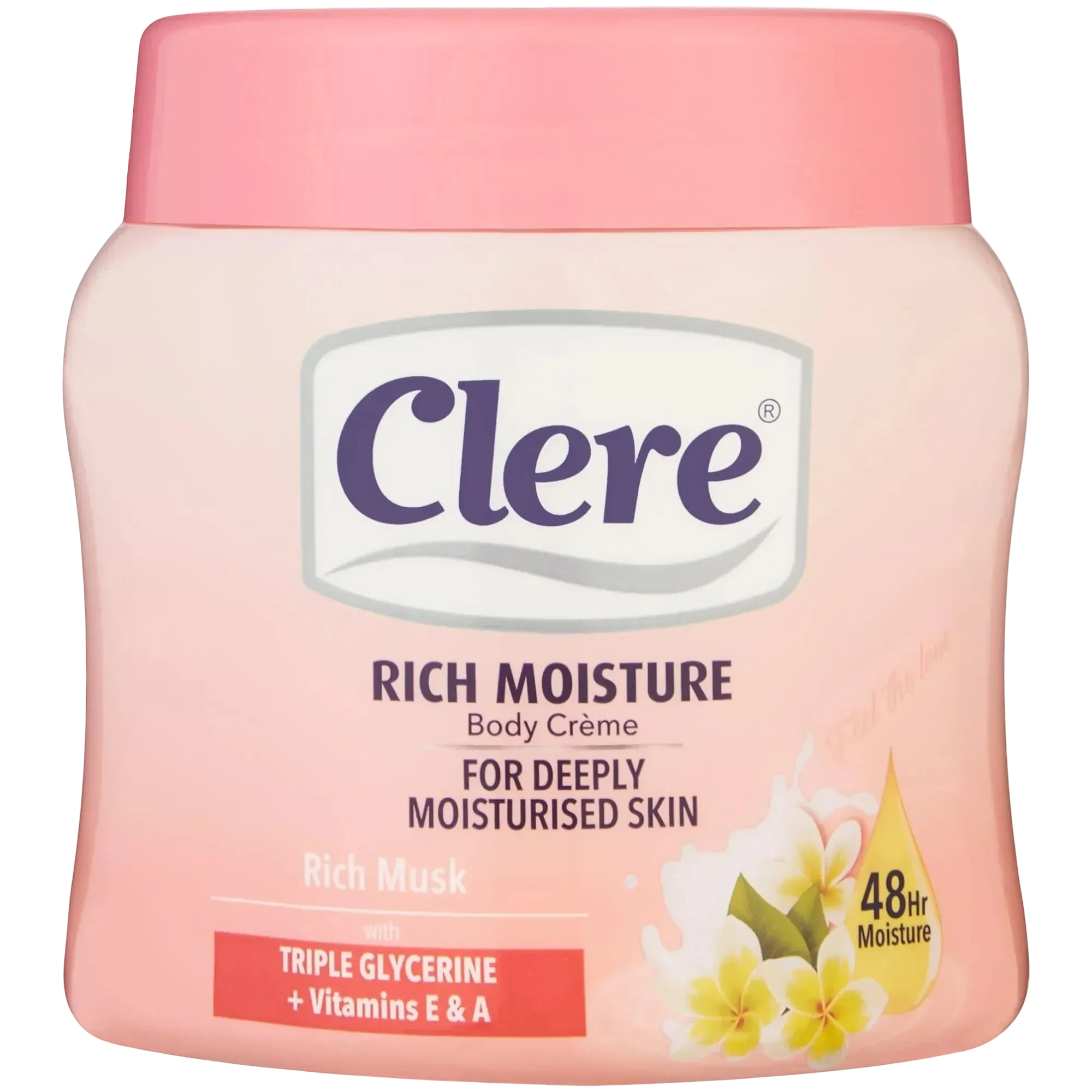Clere Rich Moisture body cream in musk scent hydrates skin for 48 hours