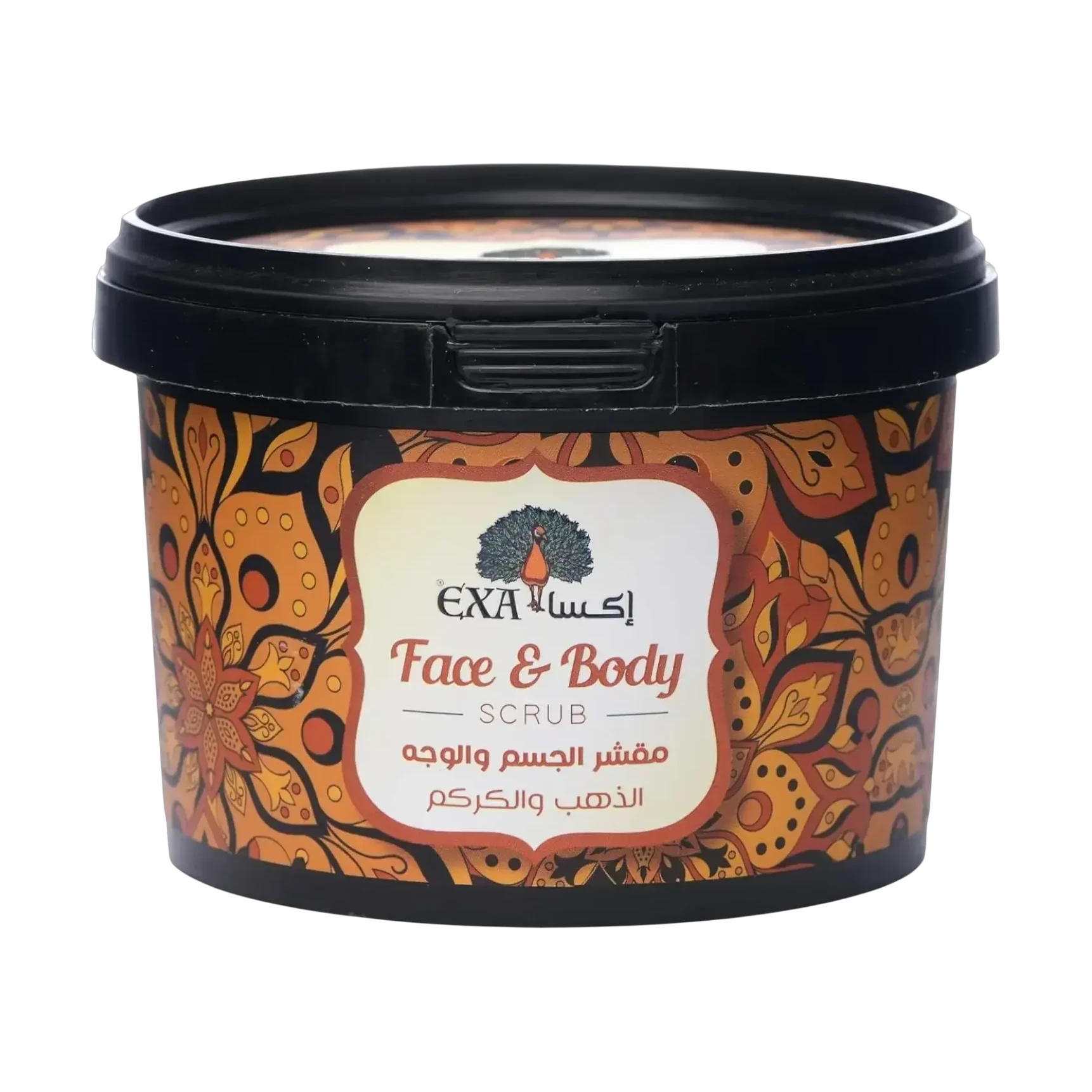 Exa Gold Turmeric Face and Body Scrub 400g comes in a patterned black tub