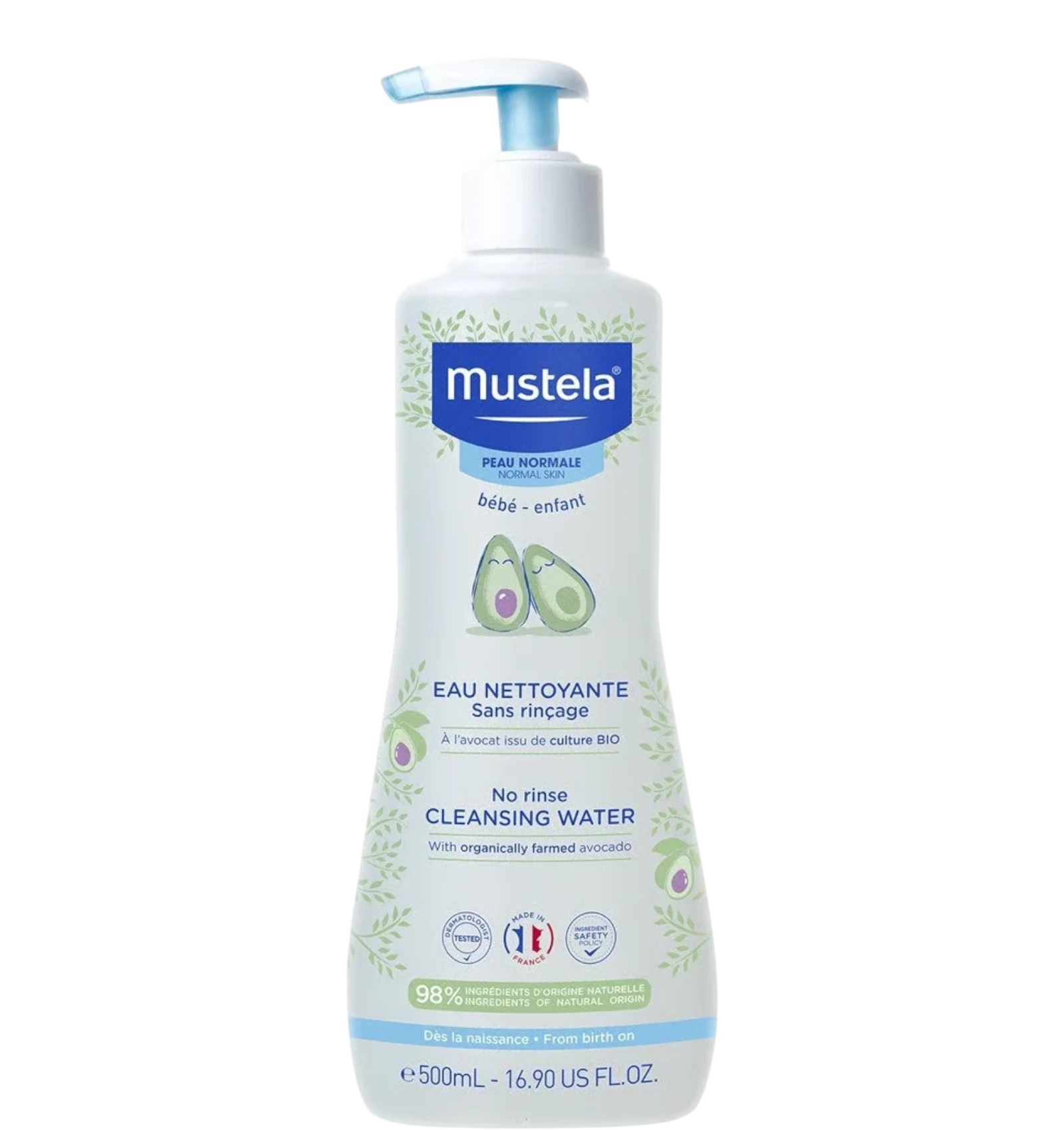 Mustela No-Rinse Baby Cleansing Water with organic avocado extract 500ml pump bottle