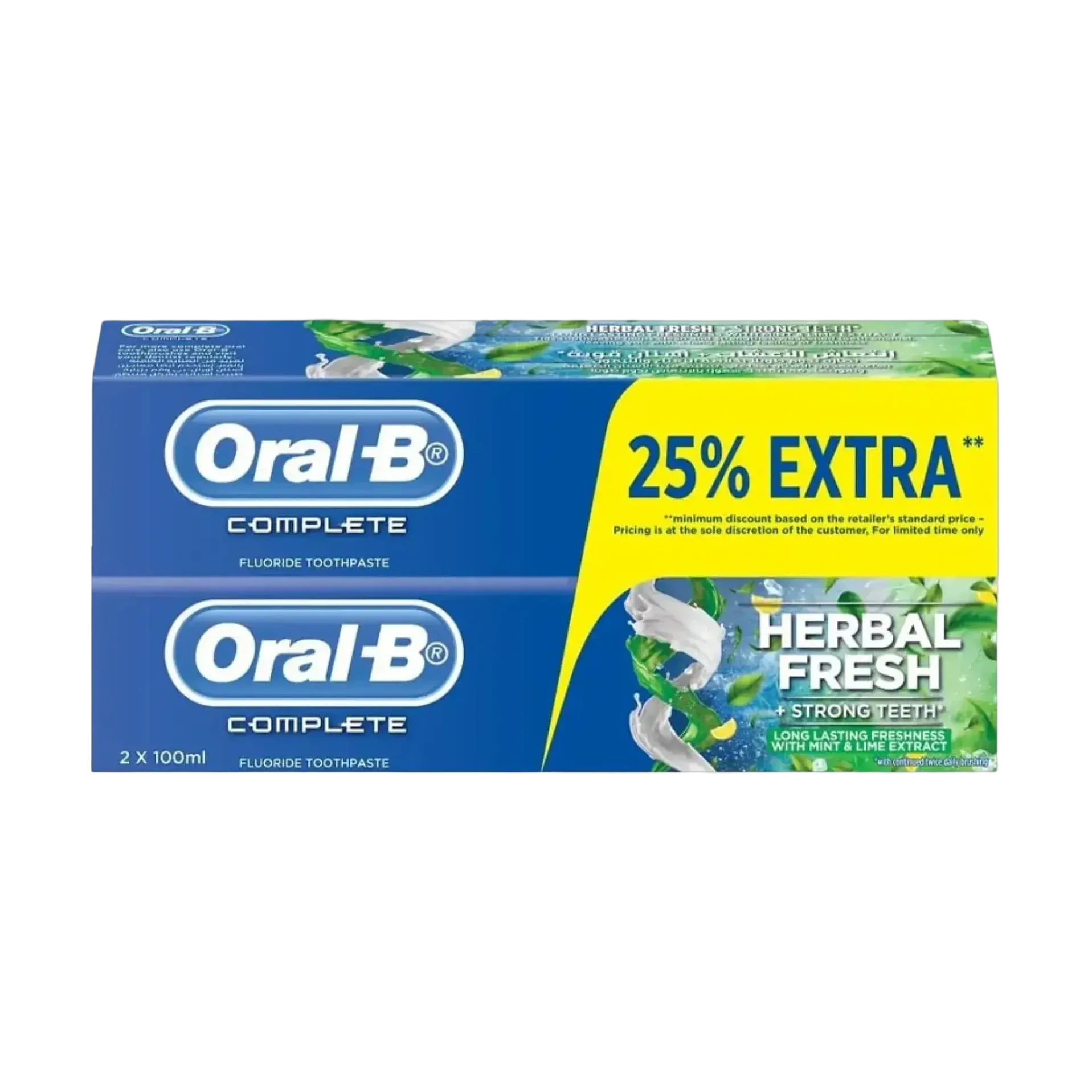 Oral-B Complete Herbal Fresh Toothpaste comes as two 100ml tubes with extra