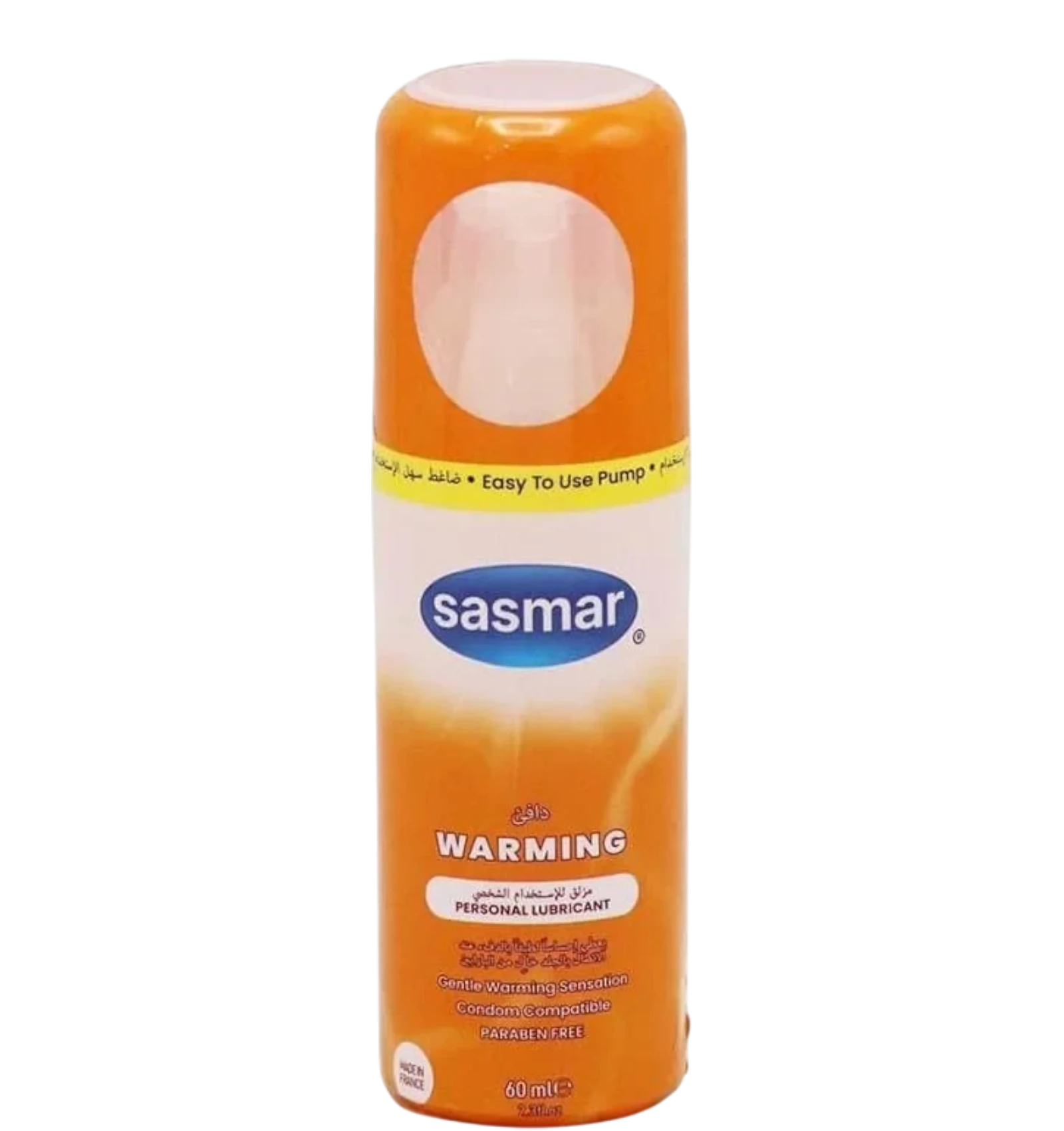 Sasmar Warming Lubricant is a water-based personal gel in a 60ml pump bottle