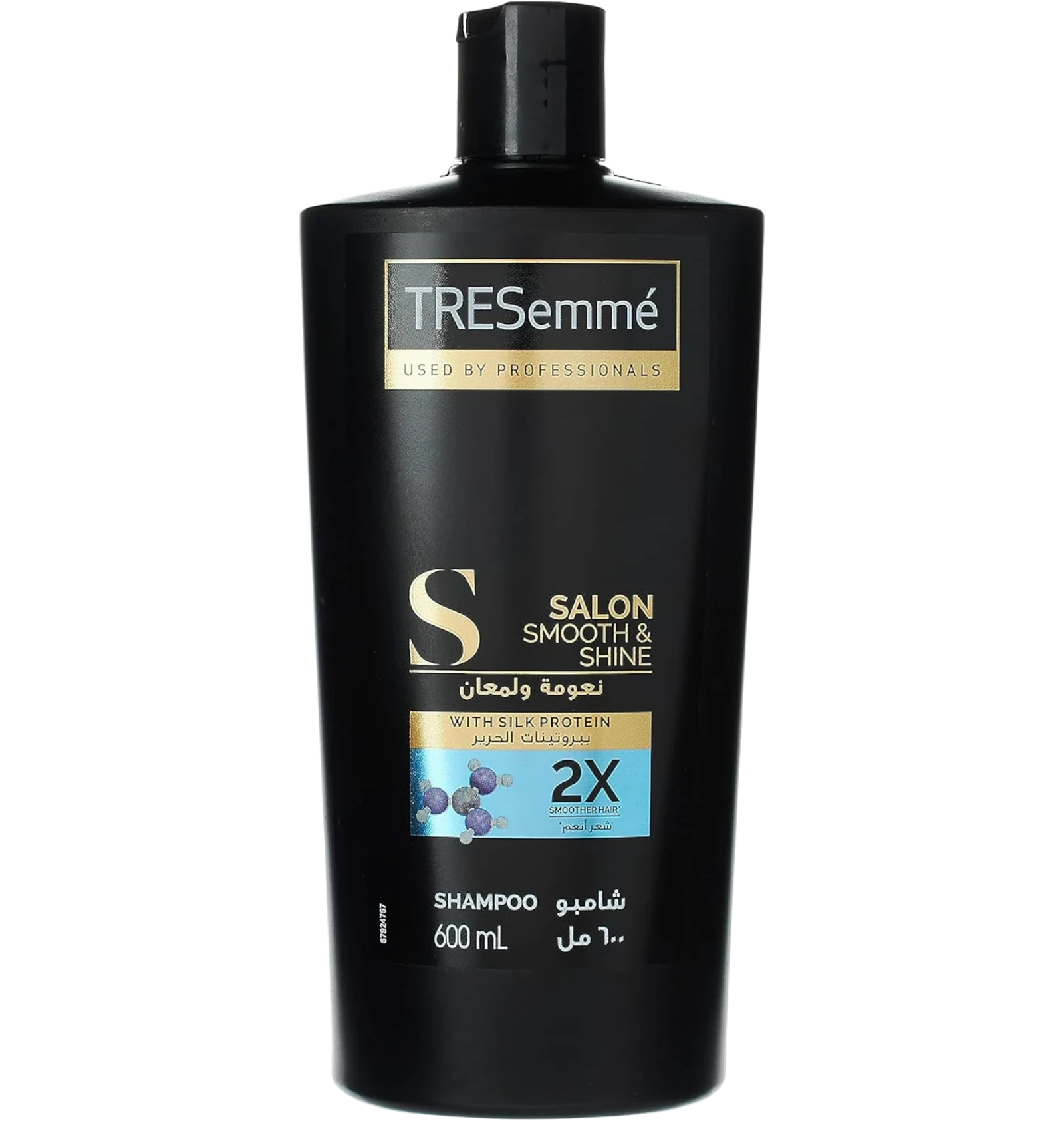 Tresemme Smooth and Shine Salon shampoo with silk protein in a 600 ml black bottle