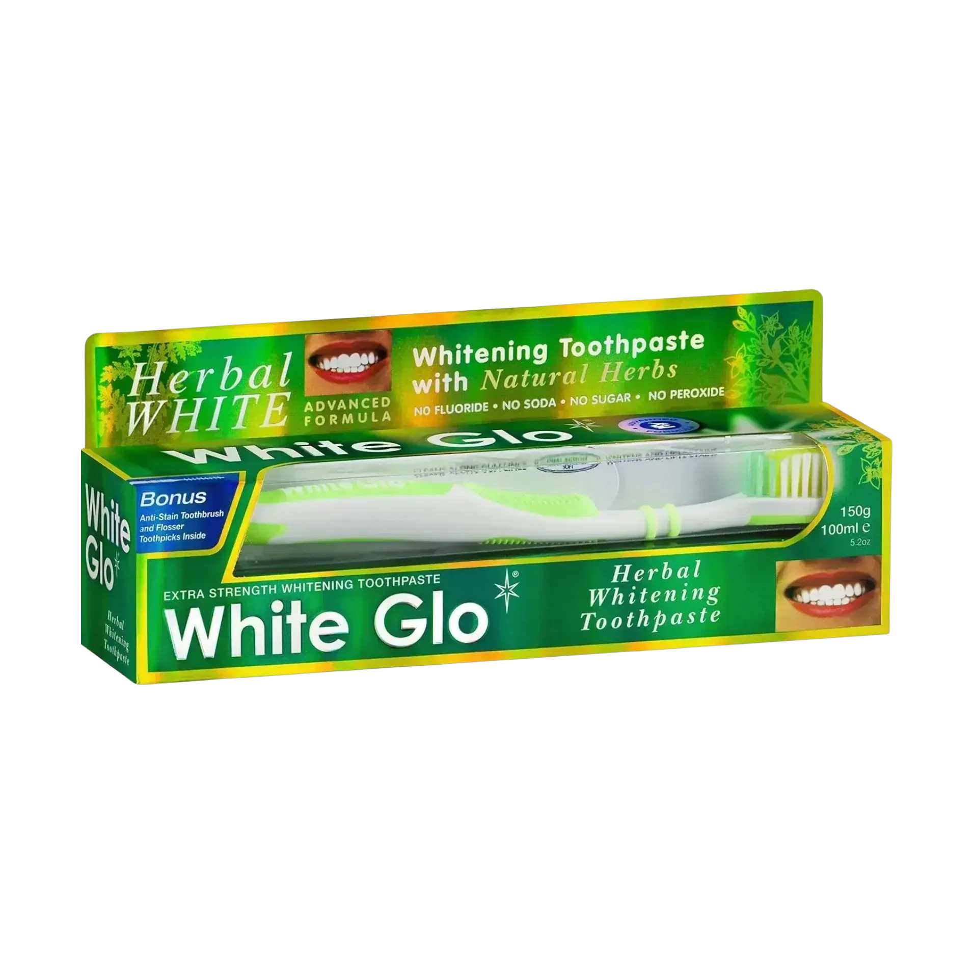 White Glo Herbal Whitening Toothpaste comes with a free toothbrush inside 100 ml