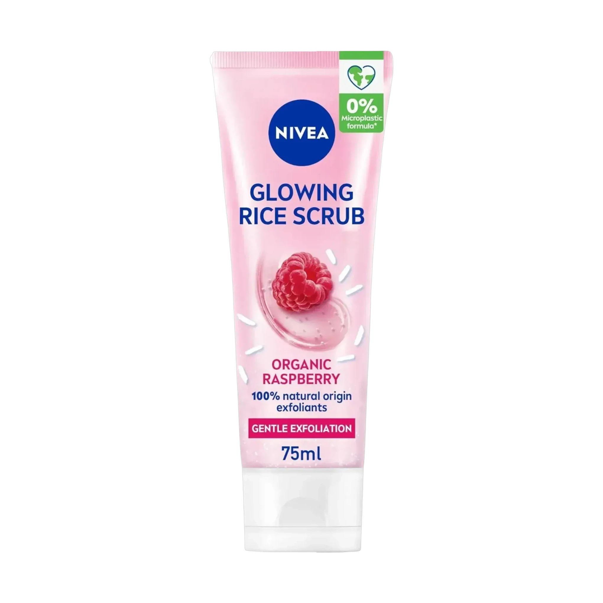 Nivea Glowing Rice Scrub with Raspberry uses 100 percent natural origin exfoliants in 75 ml