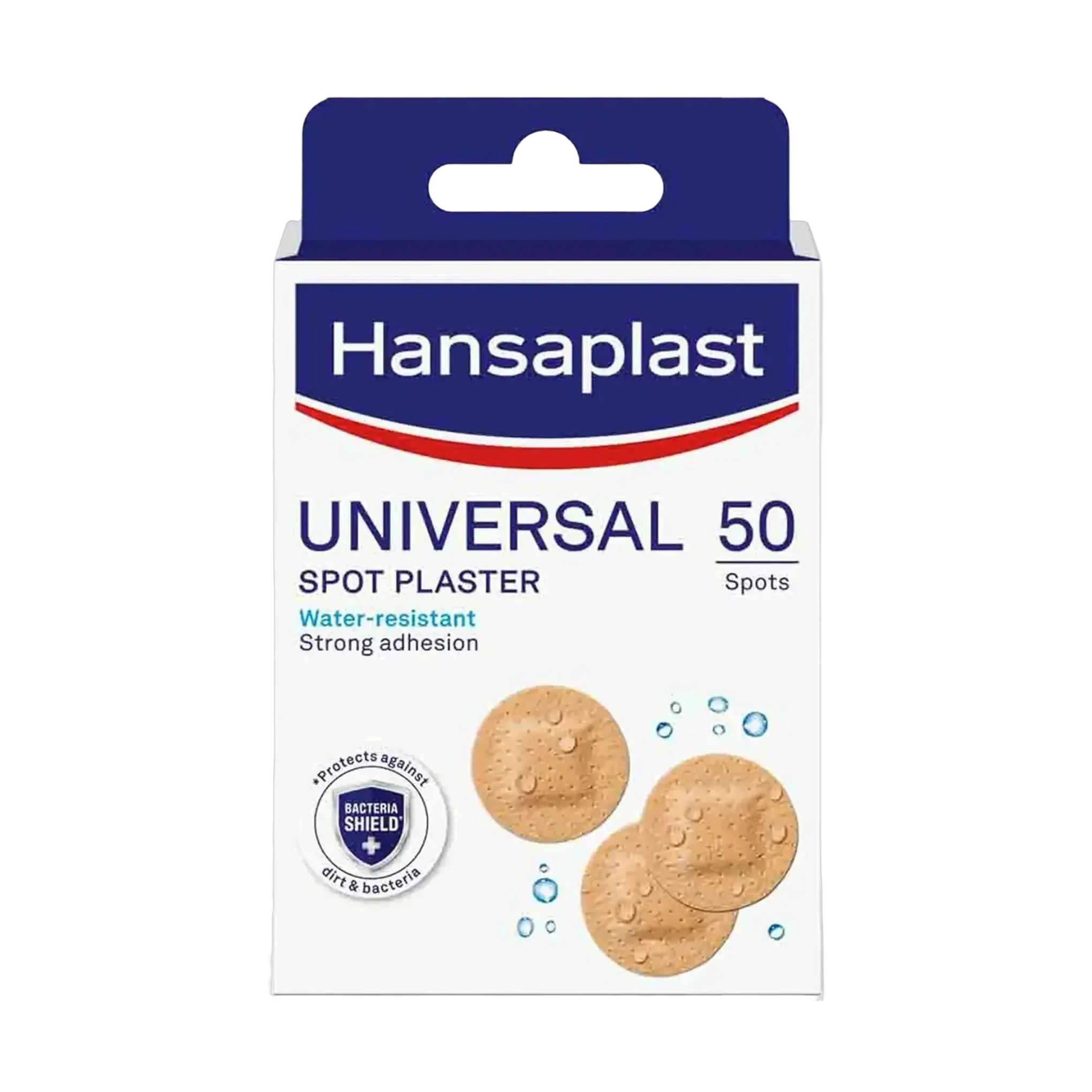Hansaplast Universal Water-Resistant Plasters provide strong adhesion in a pack of 50