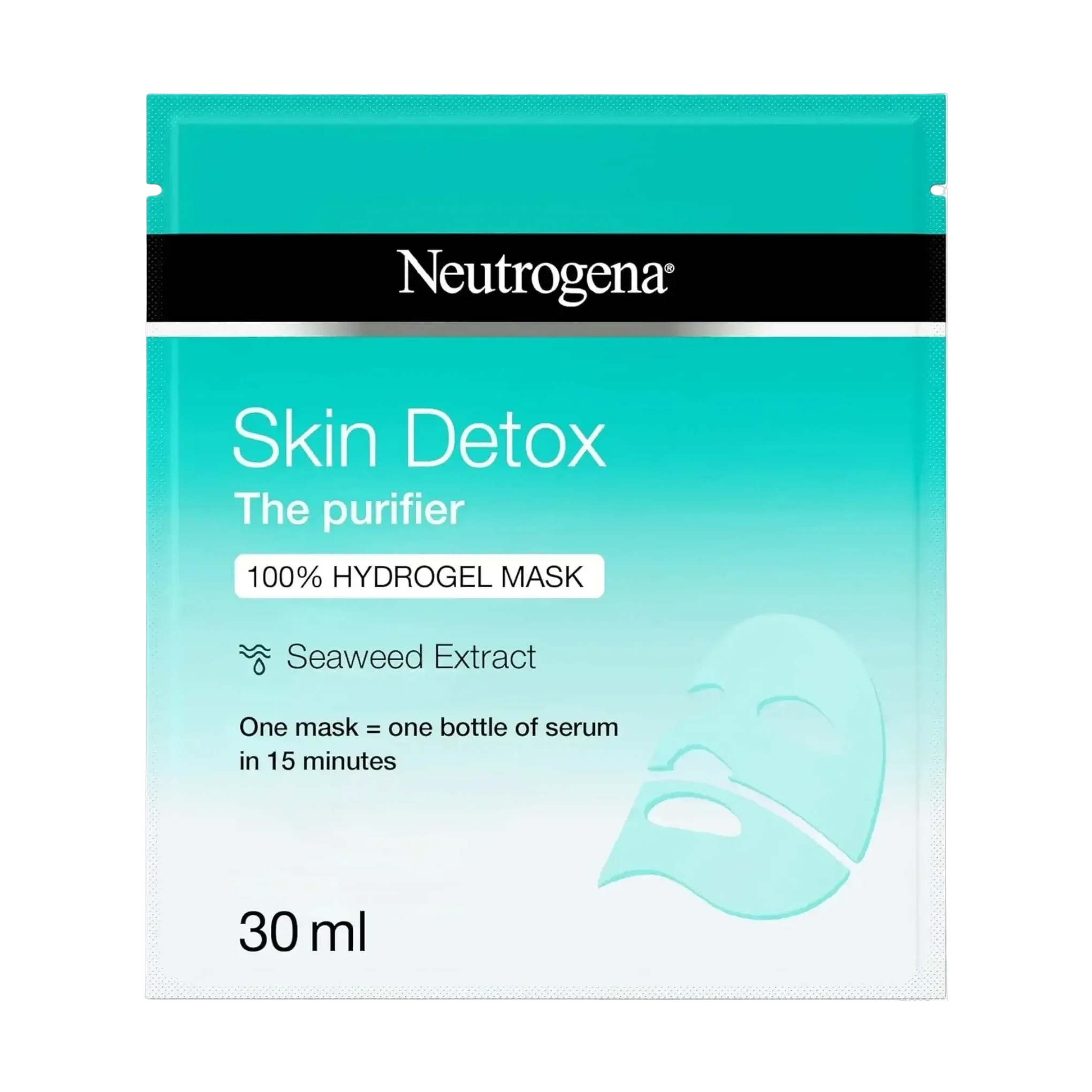 Neutrogena Skin Detox Hydrogel Mask in a teal green sachet for purifying skin 30ml