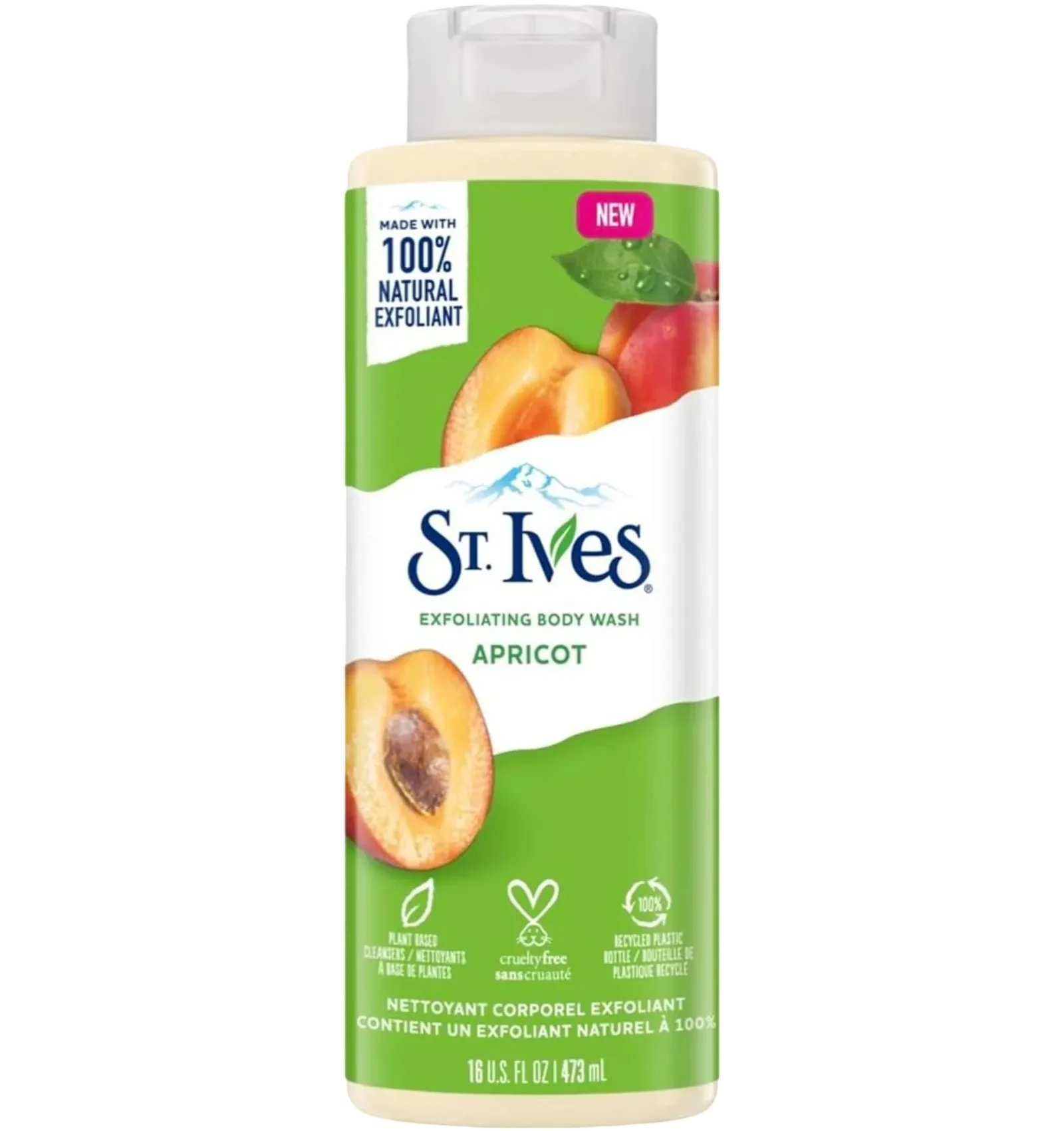 St Ives Apricot Exfoliating Body Wash 473ml uses a 100 percent natural scrub