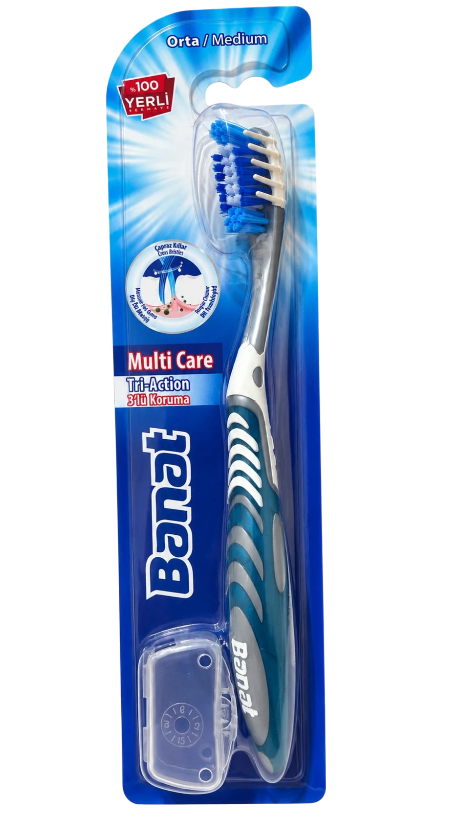 Banat Tri Action Toothbrush Medium cleans teeth thoroughly with a firm grip