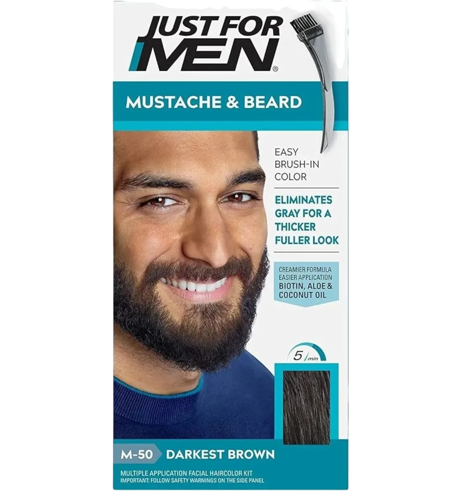 Just For Men Mustache and Beard Dye M-50 Darkest Brown covers gray in minutes