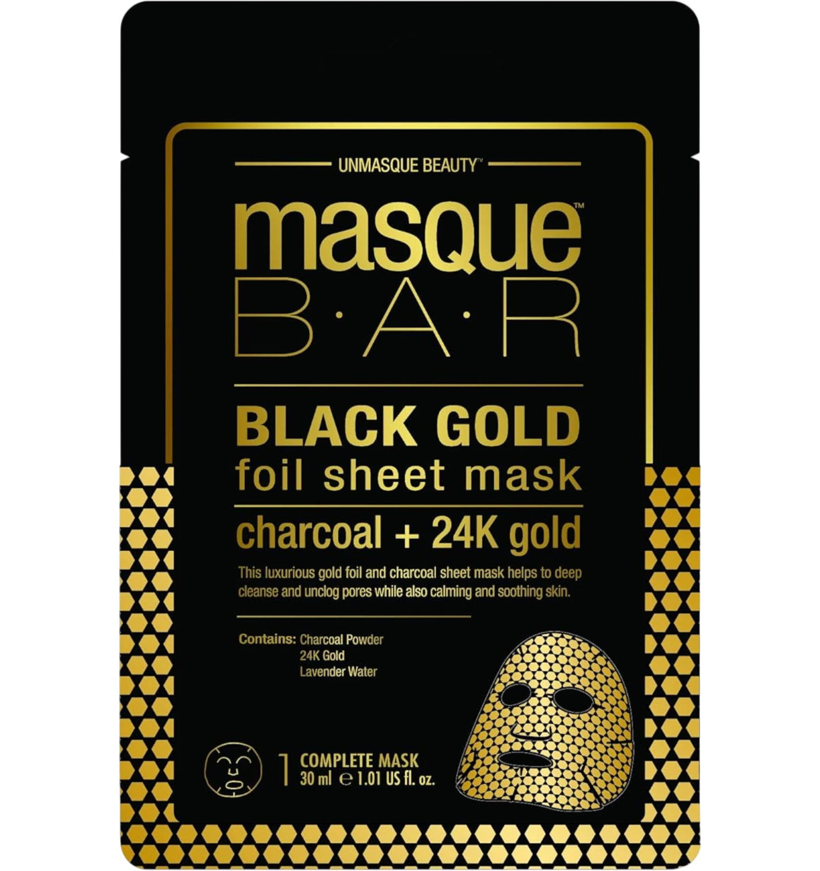 Masque Bar Black Gold foil sheet mask 30ml with charcoal and 24K gold