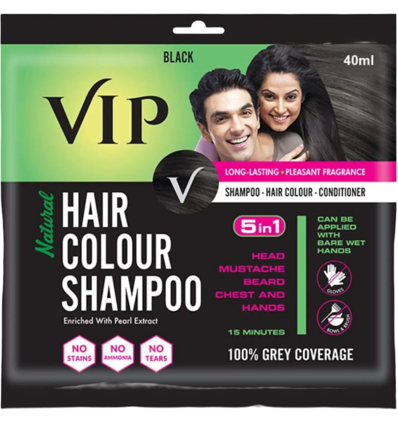 VIP Black Hair Colour Shampoo 40ml also colors mustache beard and chest
