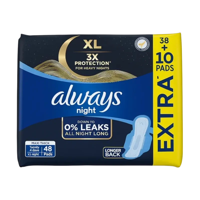 Always Maxi XL Night Pads with Wings 48 pieces offer triple leak protection