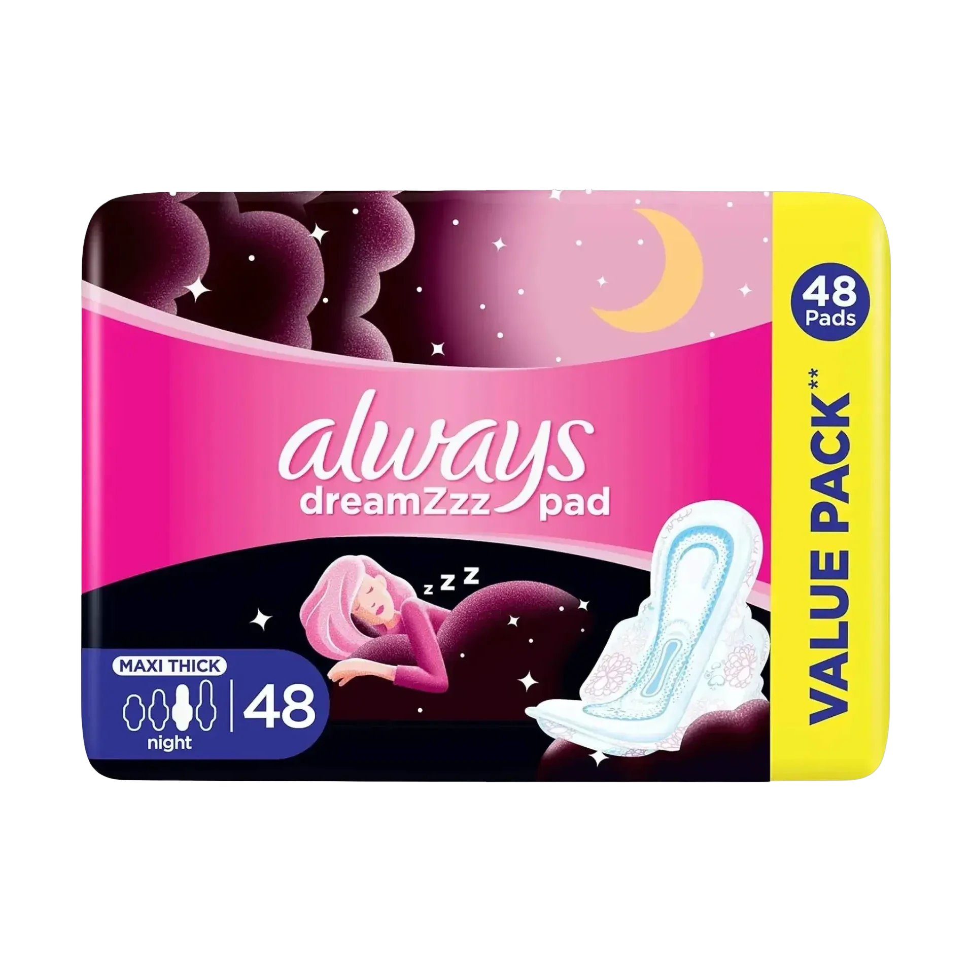 Always Dreams Night Maxi Thick Pads give overnight protection in 48 pieces