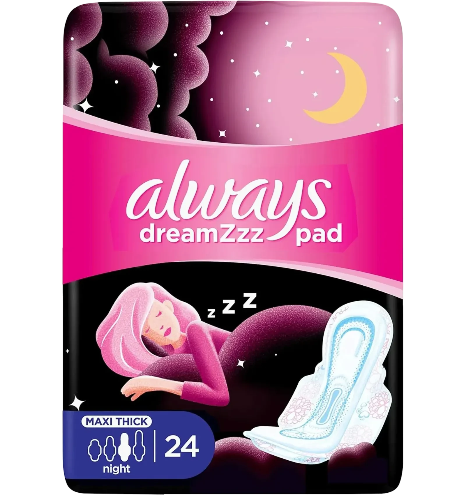 Always Dreams Night Maxi Thick Pads 24 pieces give secure overnight protection
