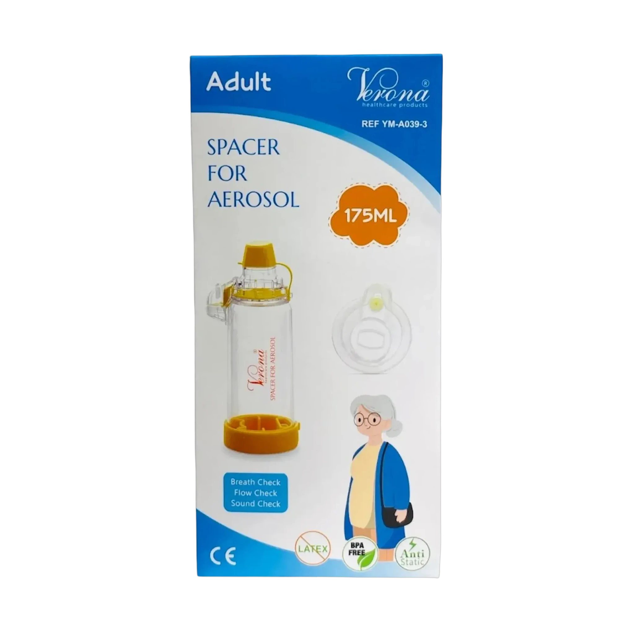 Mesh adult inhaler spacer in blue large size for effective medication delivery