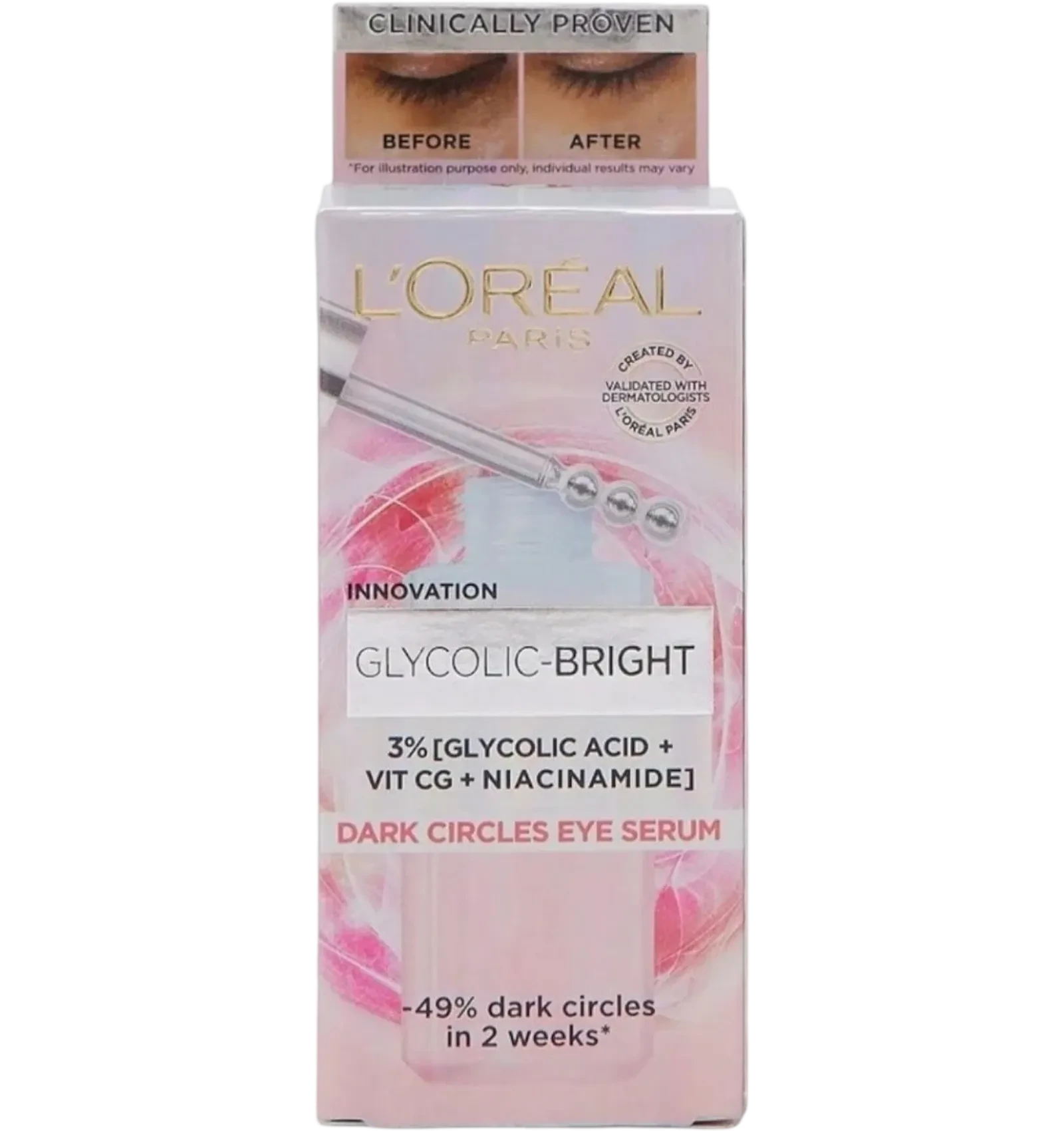 L'Oréal Glycolic Bright Eye Serum brightens dark circles in a 20ml bottle