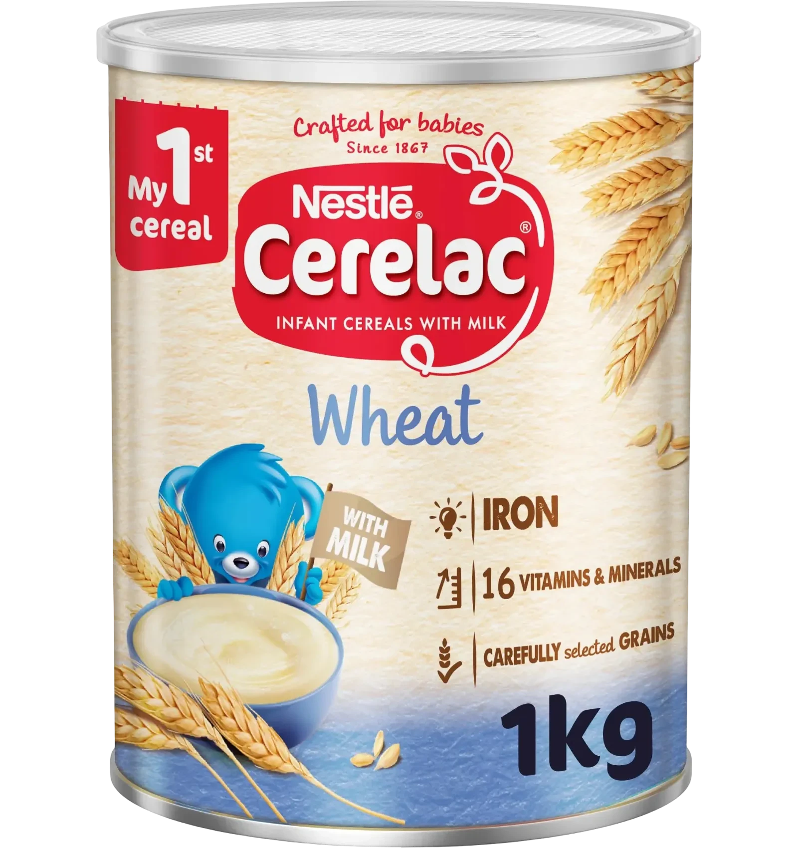 Nestle Cerelac wheat infant cereal with milk in a 1000 gram tin