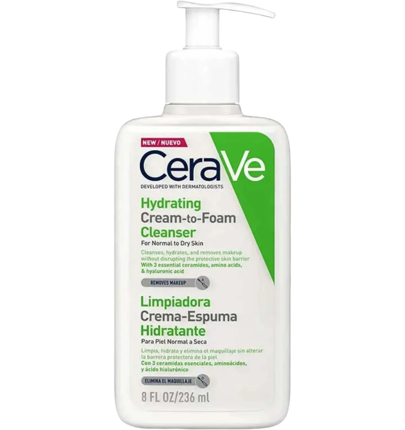 CeraVe Hydrating Cream-to-Foam Cleanser removes makeup for dry skin 236ml