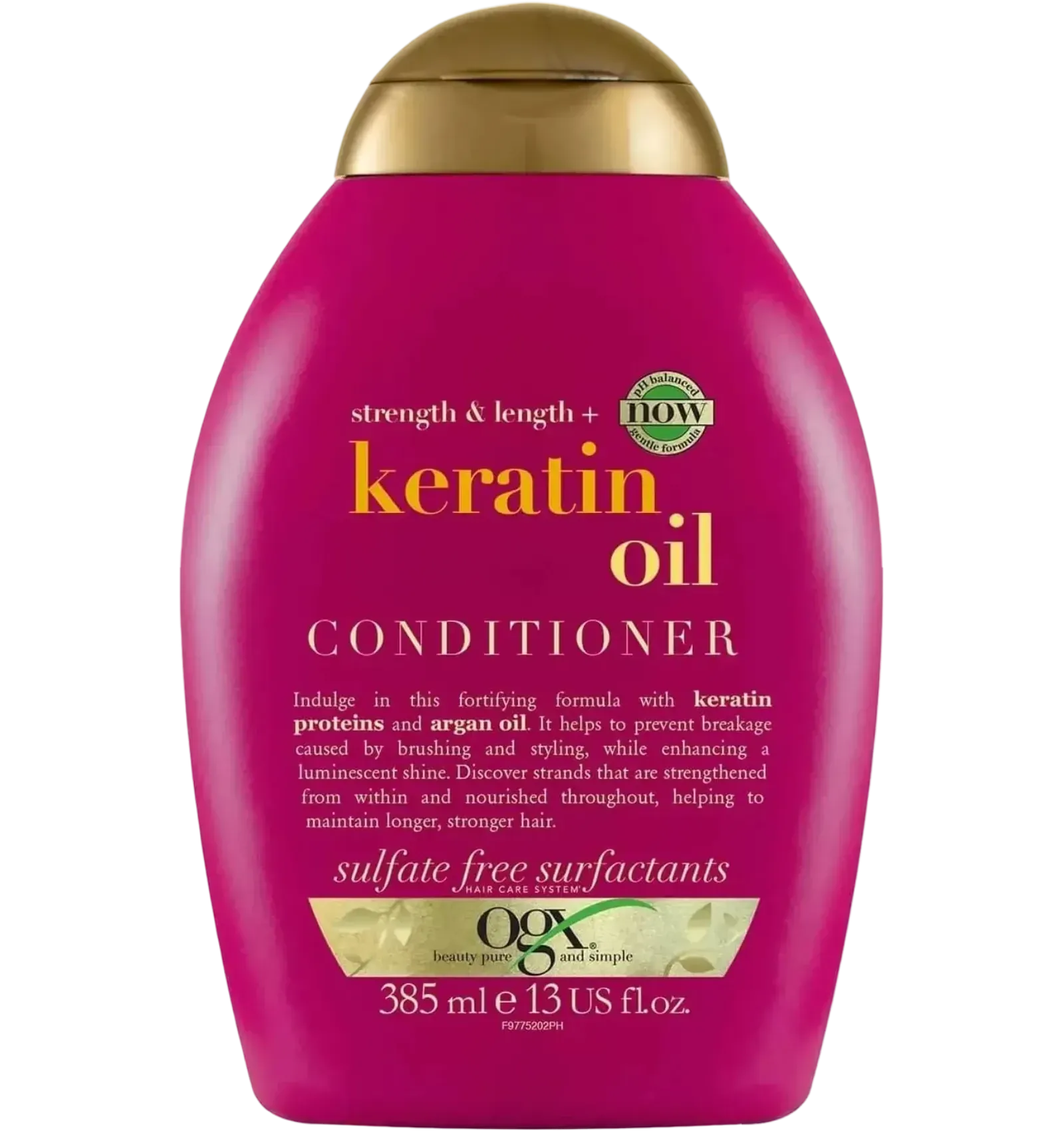 OGX Anti-Breakage Conditioner with Keratin Oil in a magenta 385 ml bottle