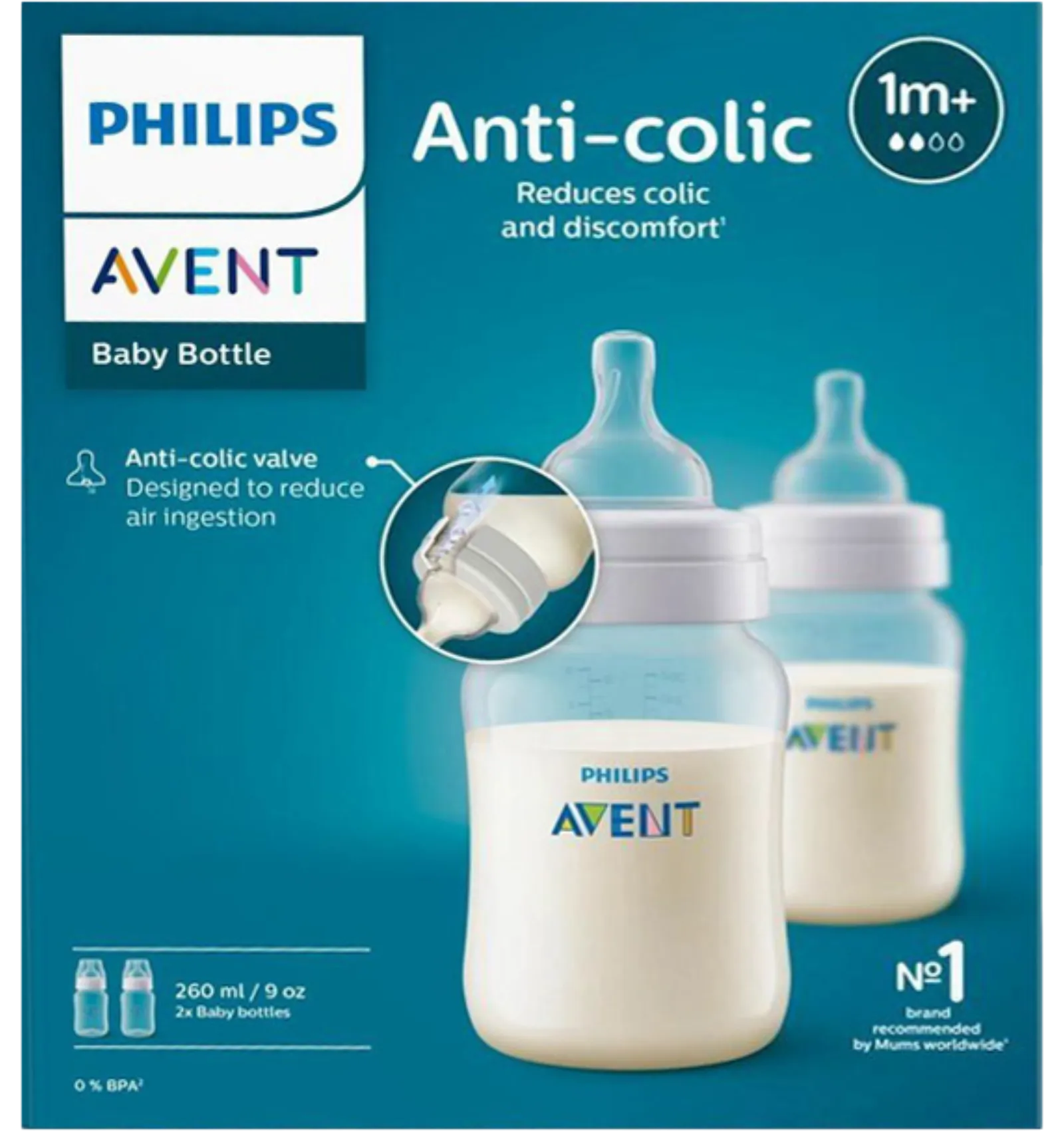 Avent classic baby bottle 1 month plus 260ml pack two