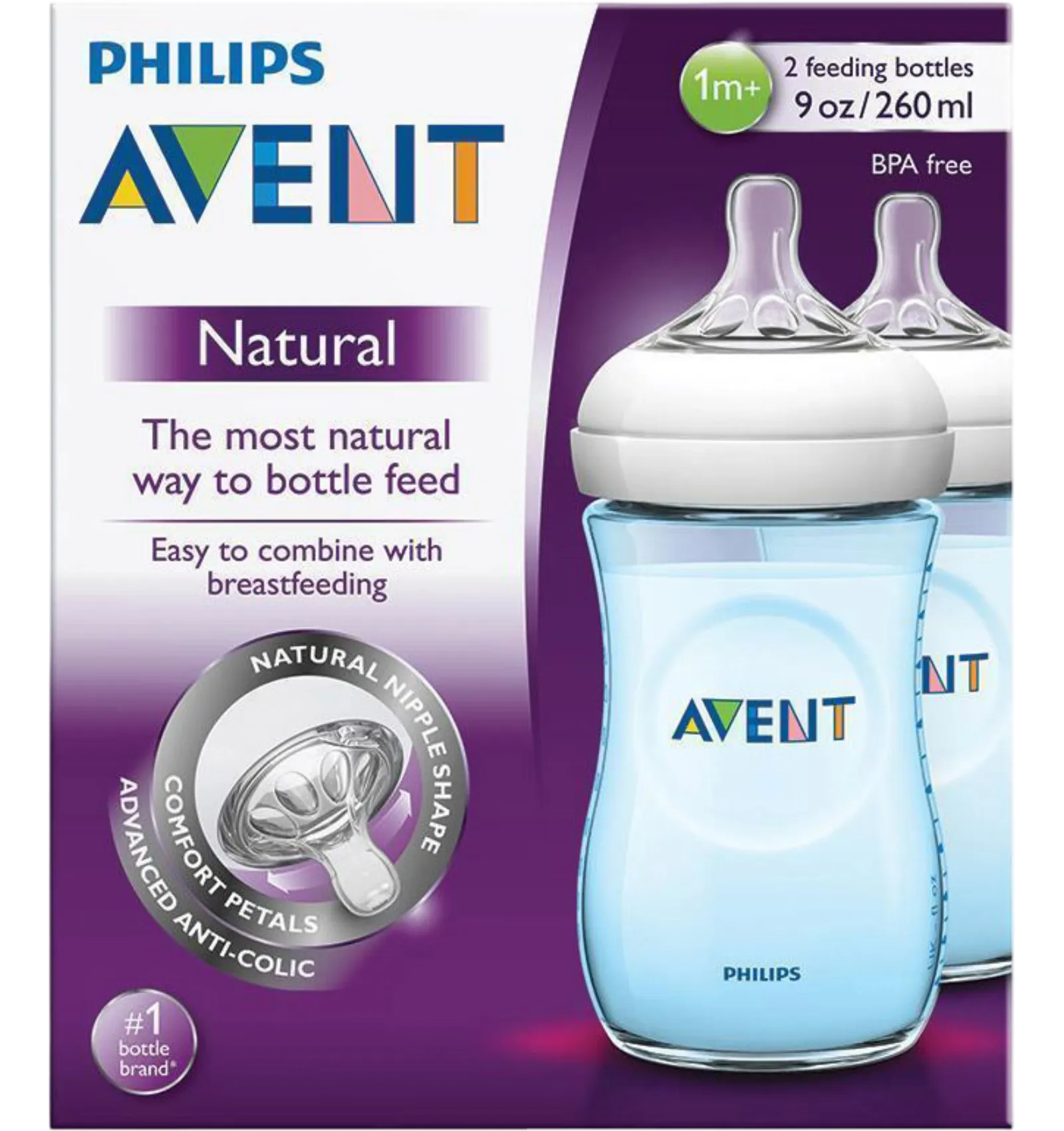 Avent Natural Feeding Bottles Blue Twin Pack 260ml for 1 Month Plus