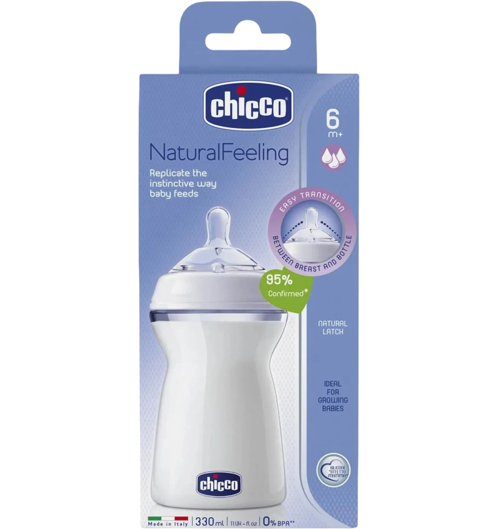 Chicco Natural Feeling plastic bottle 330ml fast flow 6m+