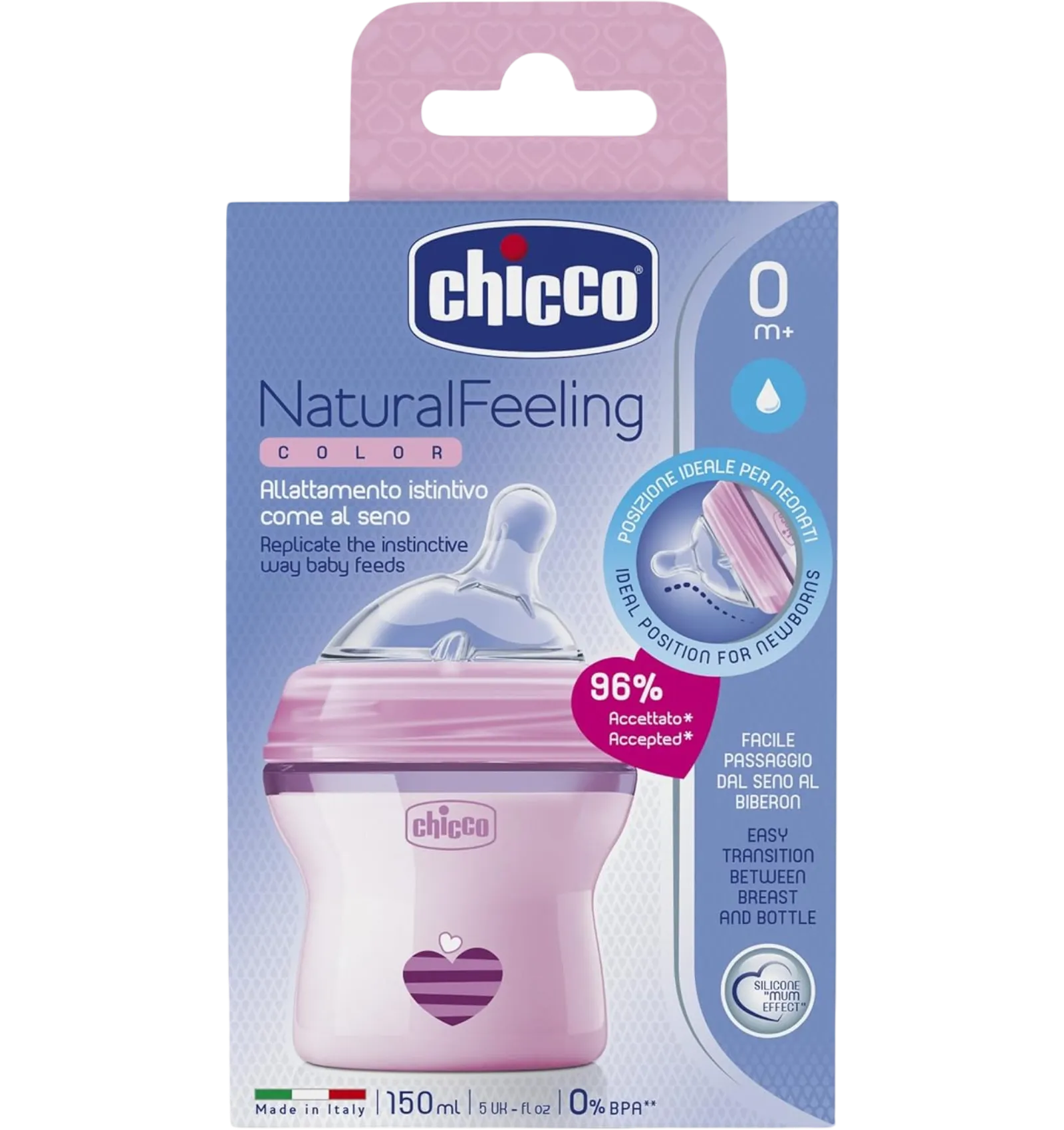 Chicco Natural Feeling bottle 150ml pink regular flow 0m+