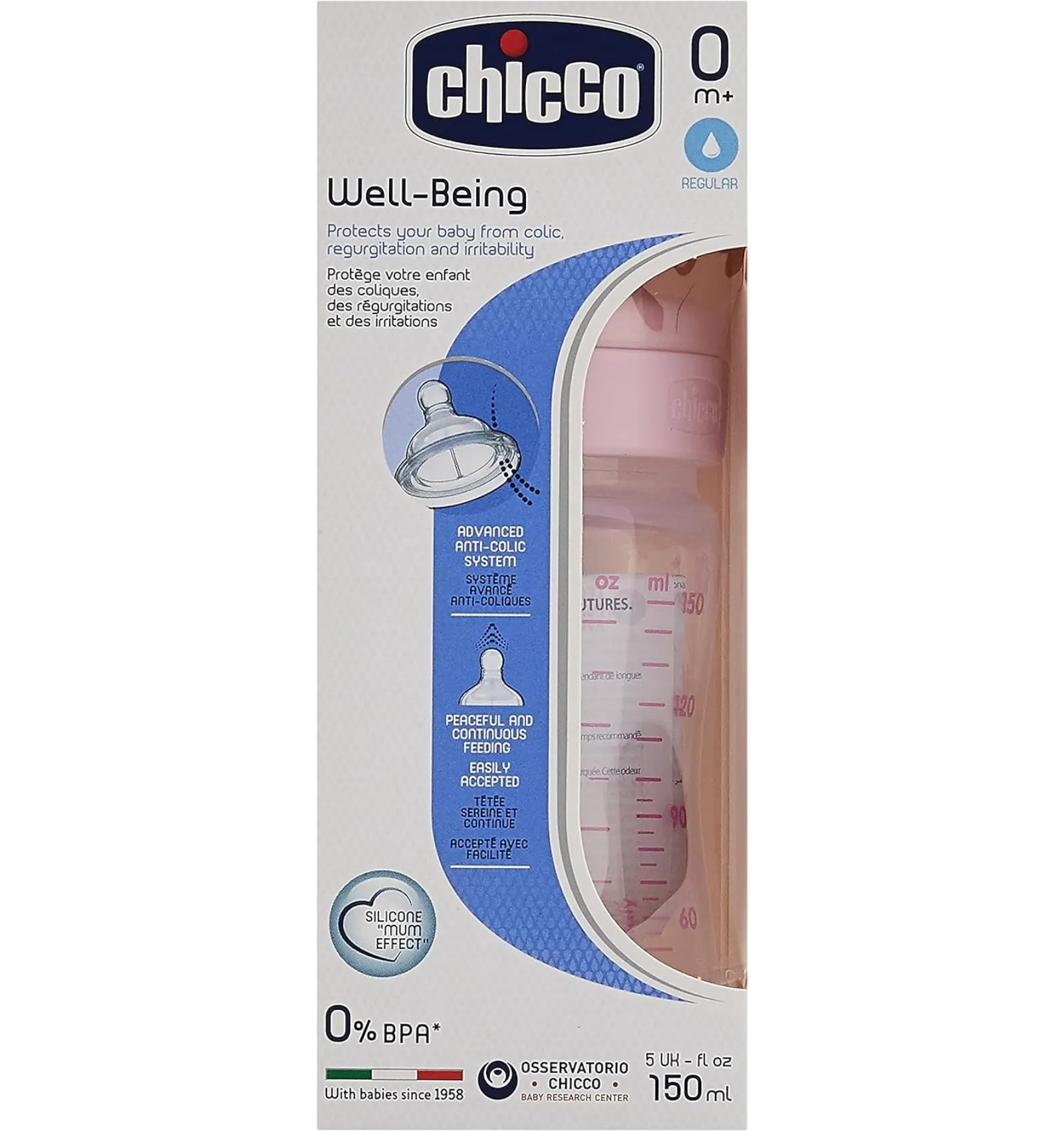 Chicco Well Being pink white anti-colic feeding bottle 150ml