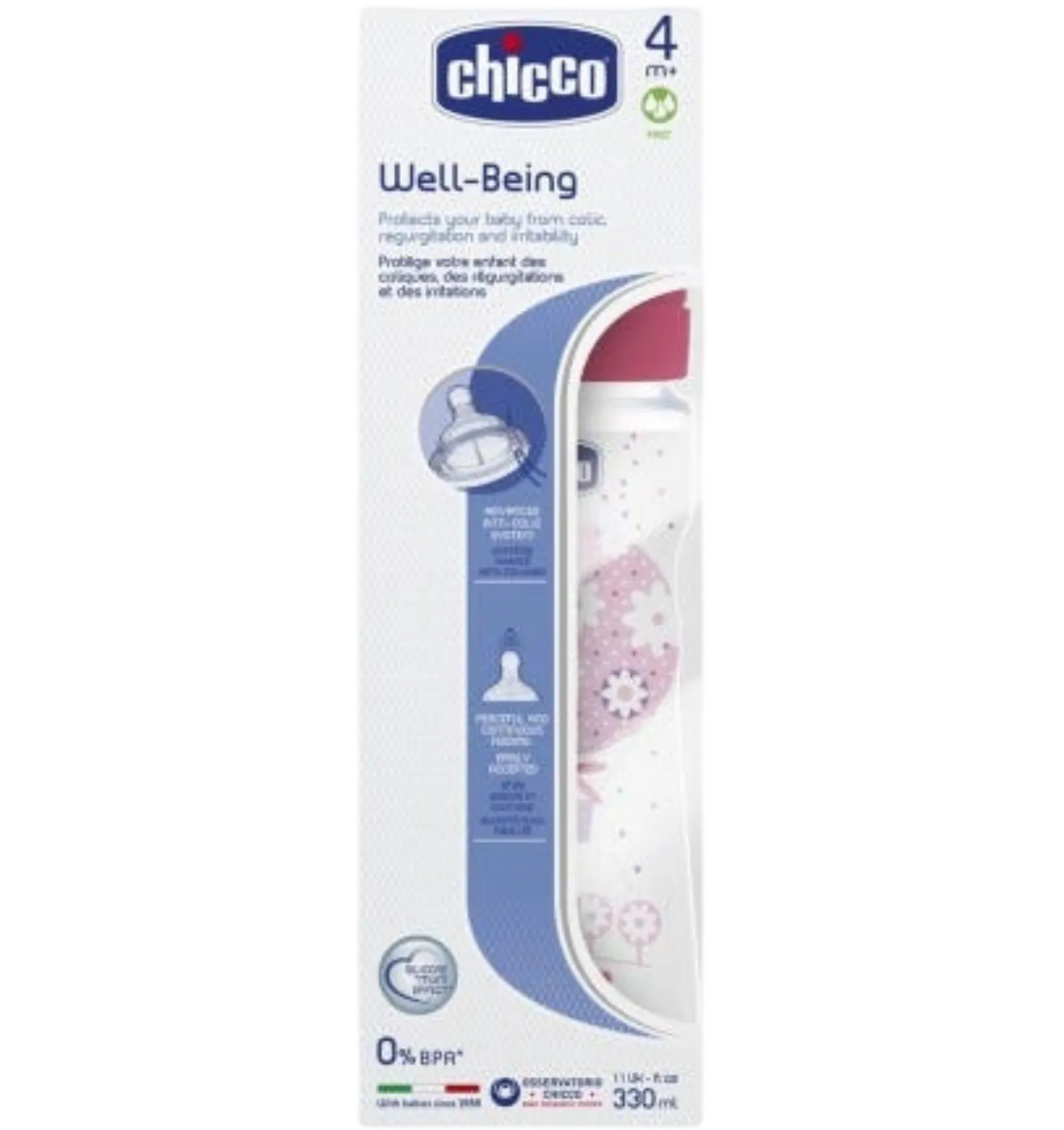 Chicco Well Being pink anti-colic feeding bottle 330ml