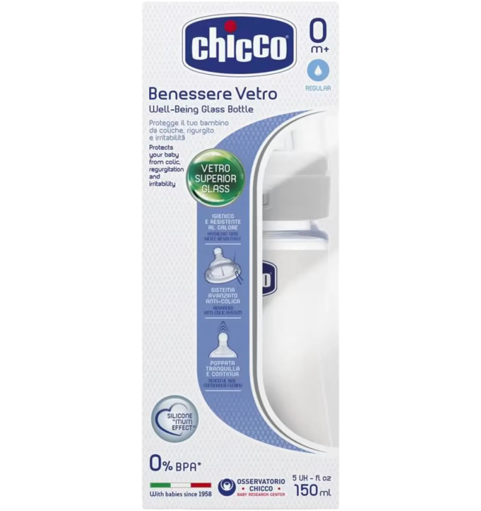 Chicco Well Being clear glass anti-colic feeding bottle 150ml