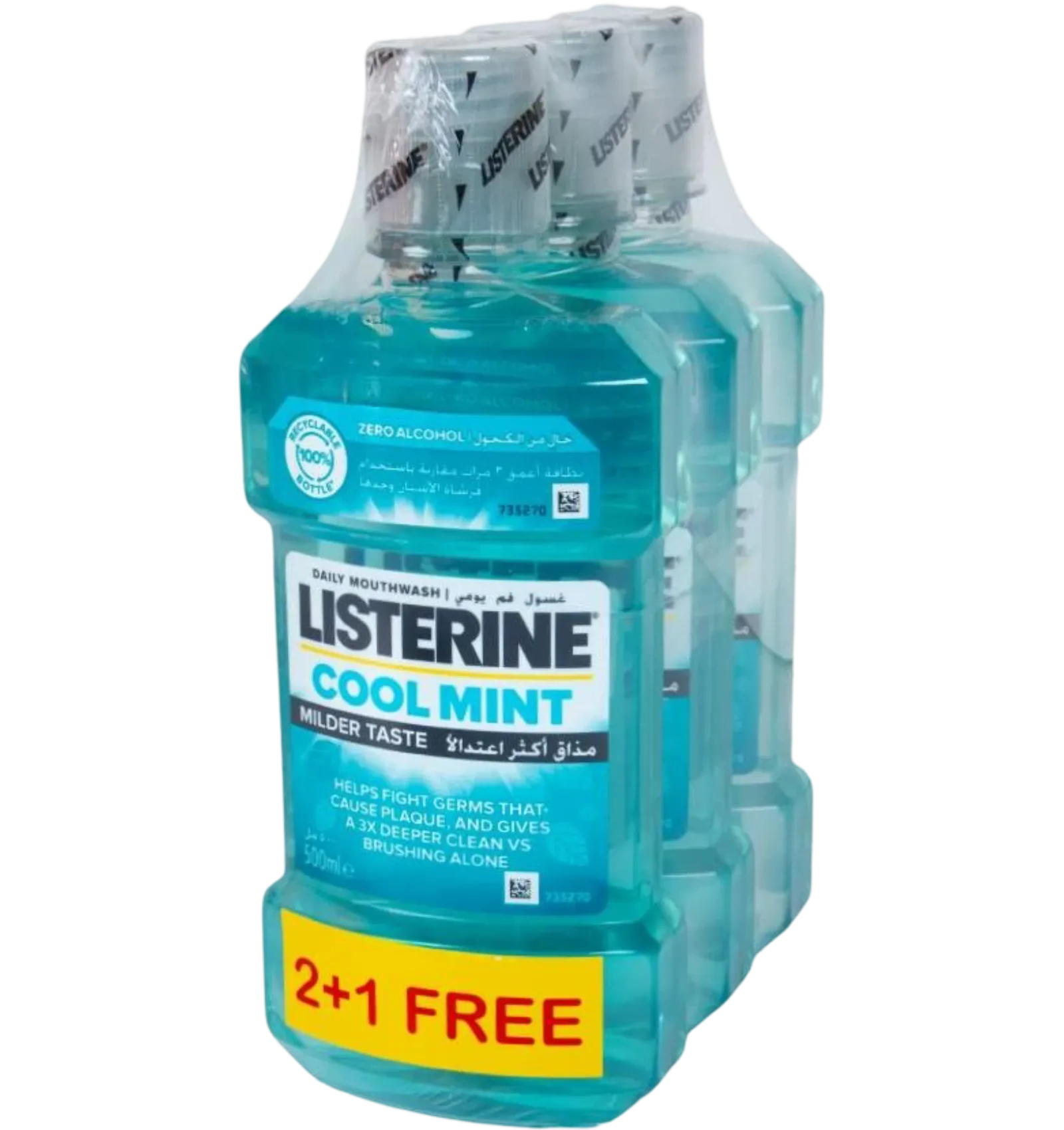 Listerine Cool Mint daily mouthwash 500 ml pack with a free extra bottle