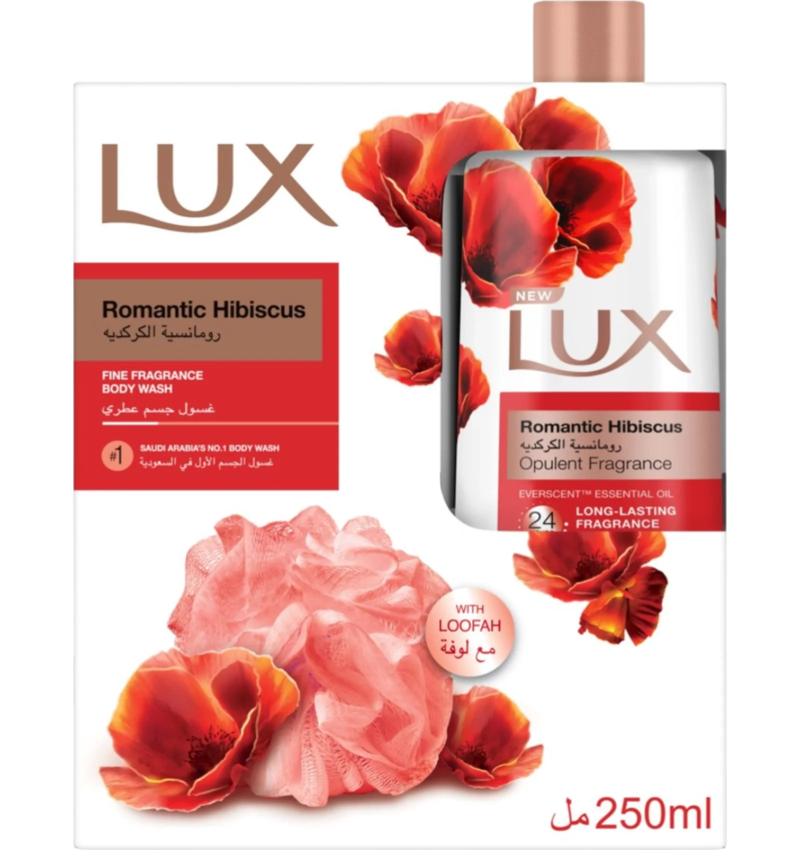 Lux Romantic Hibiscus Body Wash 250ml with red flowers