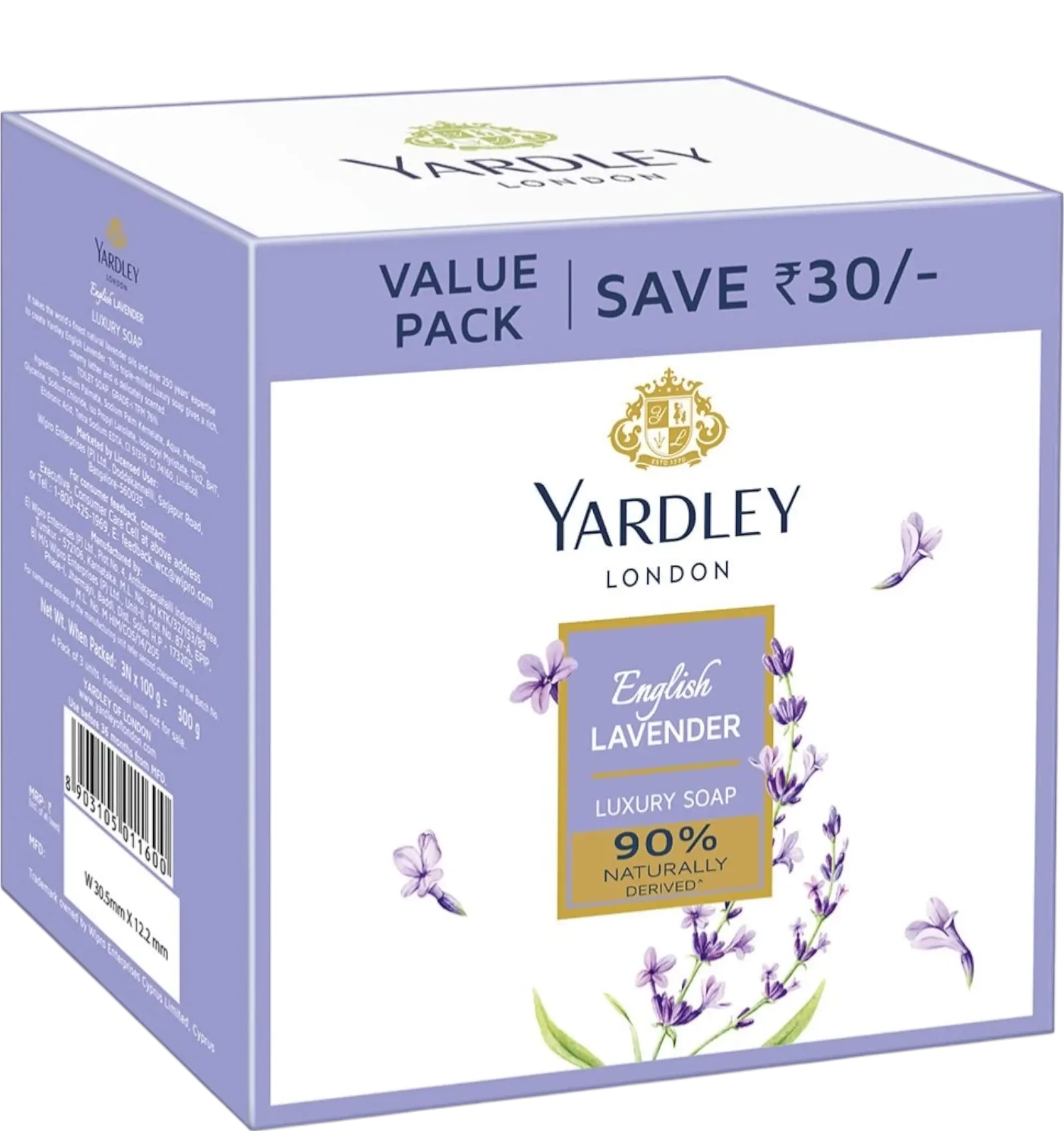 Yardley London Antibacterial Soap (English Lavender) With Glycerin And Vitamin E 100 g (2+1 Free)