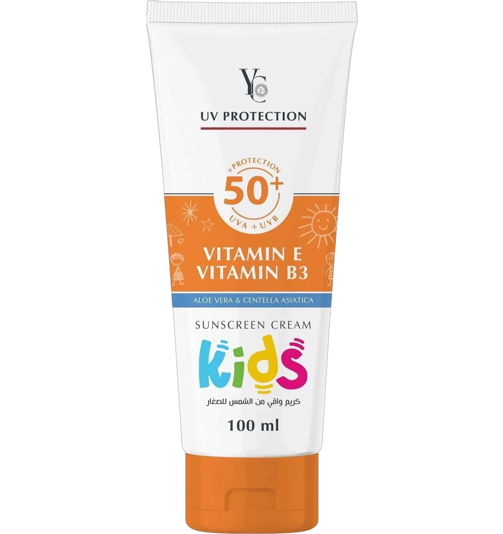 YC Kids sunscreen cream SPF 50+ UVA UVB white orange tube 100ml