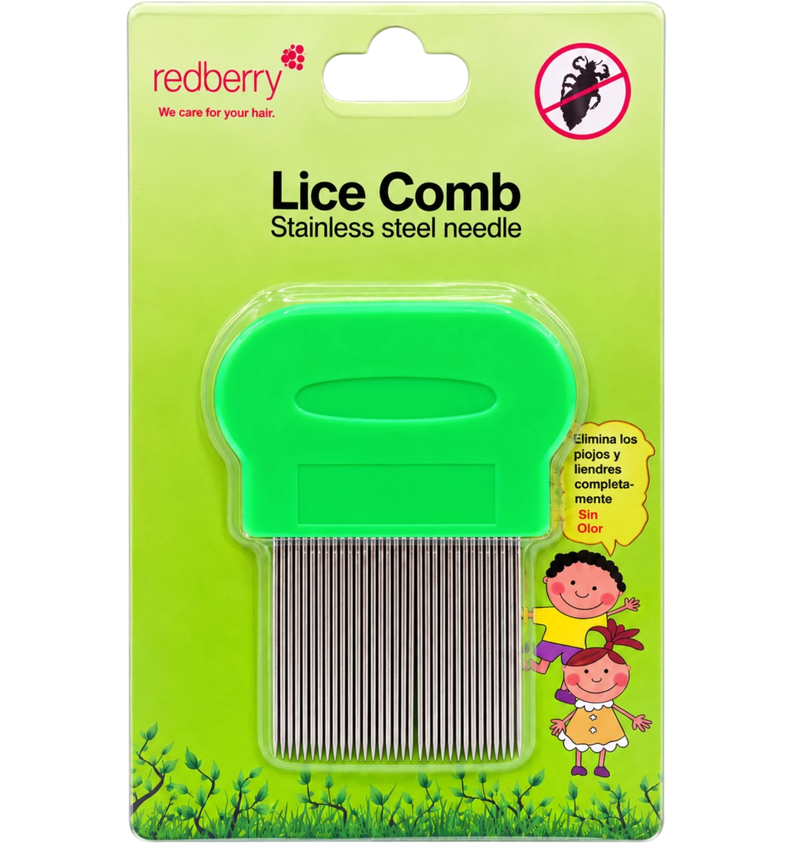 Lice stainless steel anti-lice comb with green handle on blister card