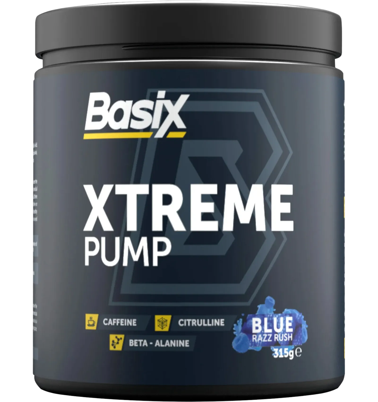 Basix Xtreme Pump pre workout supplement in blue razz flavor 315g
