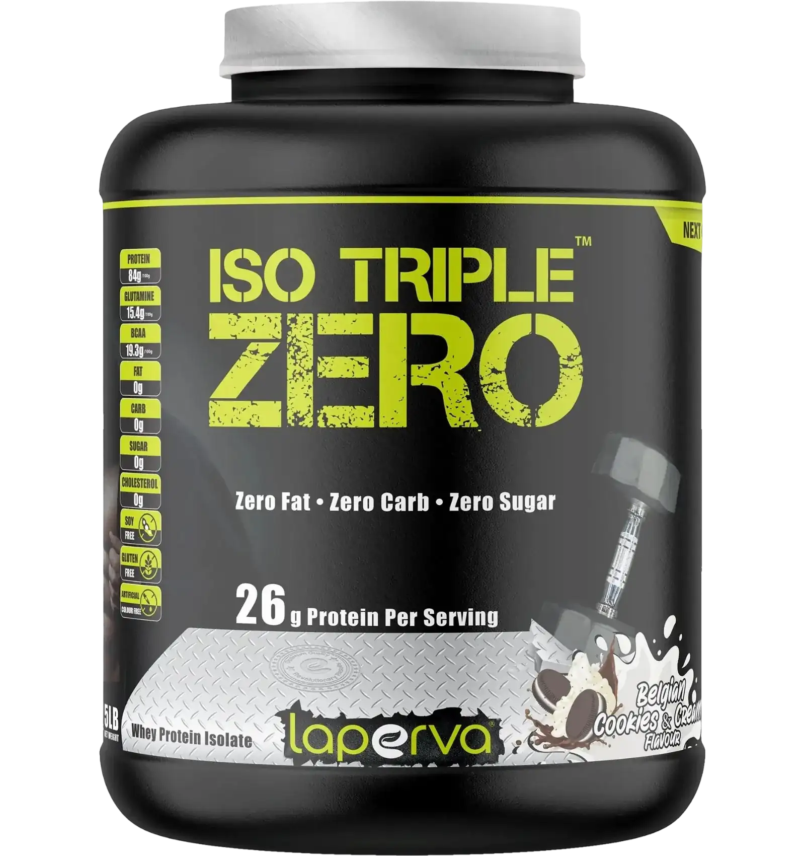 Laperva Iso Triple Zero whey protein cookies and cream five pound tub