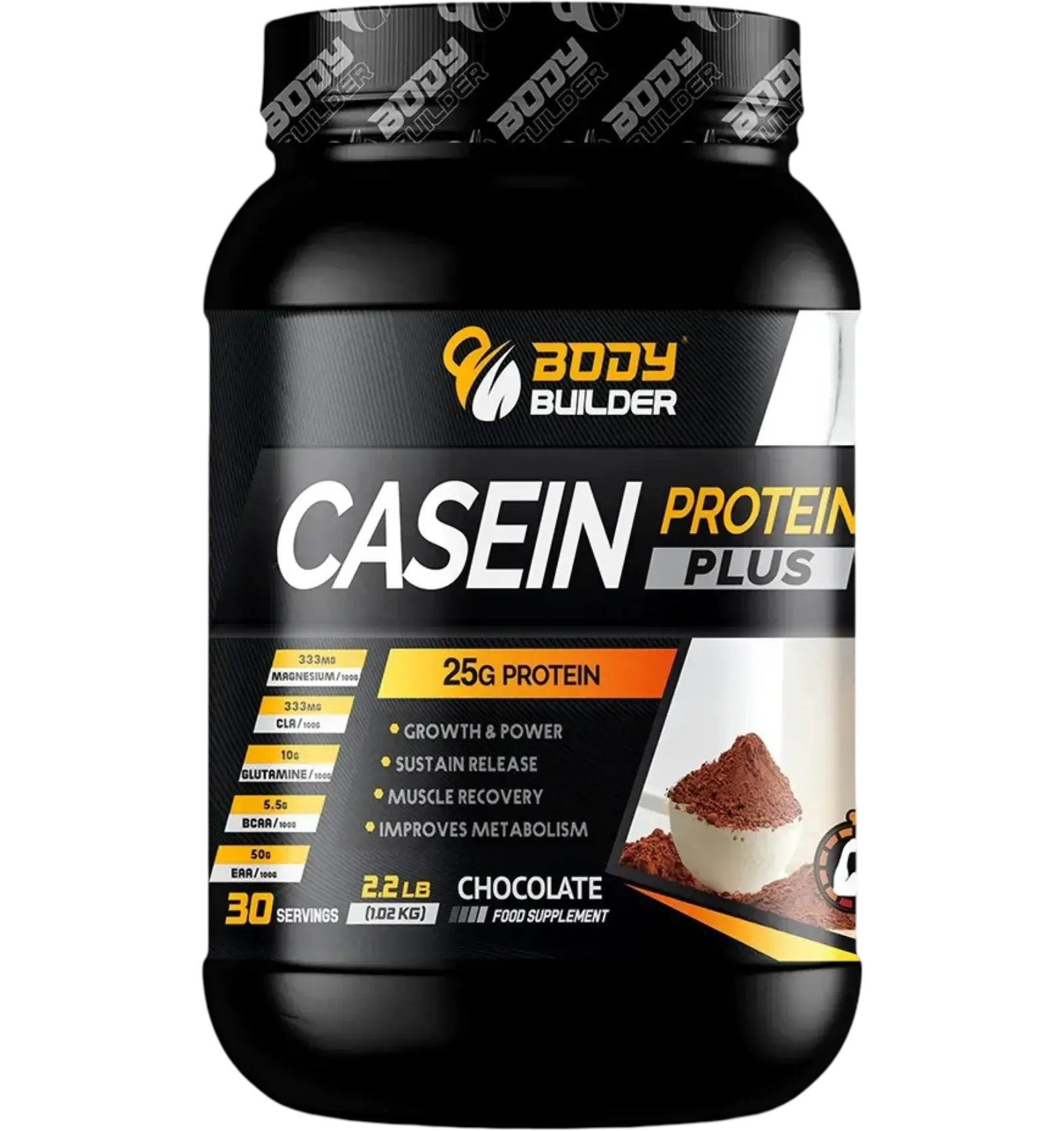 Body Builder Casein Protein Plus in chocolate flavor 2.2lb tub