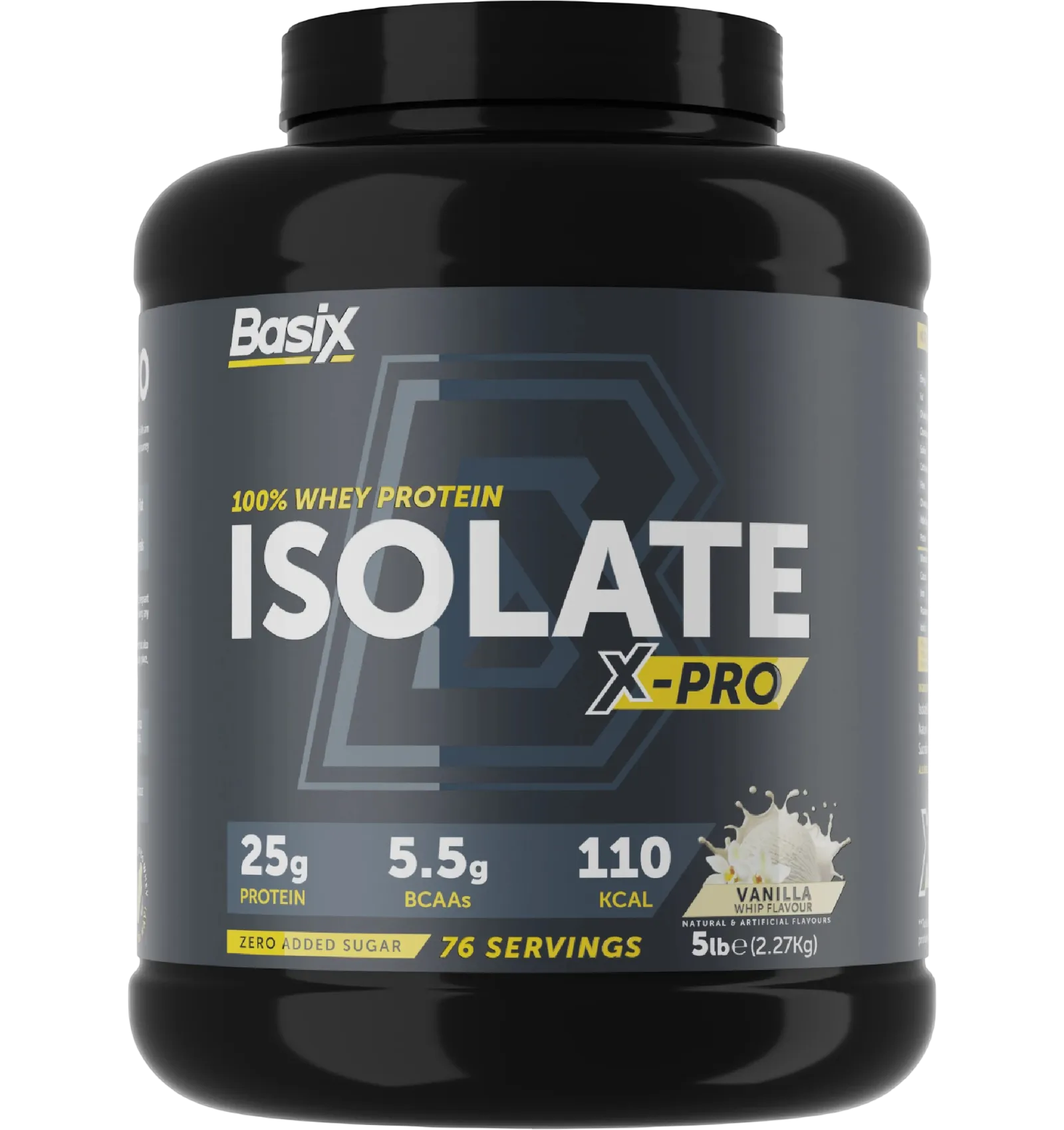 Basix Isolate X-Pro whey protein vanilla flavor five pound tub