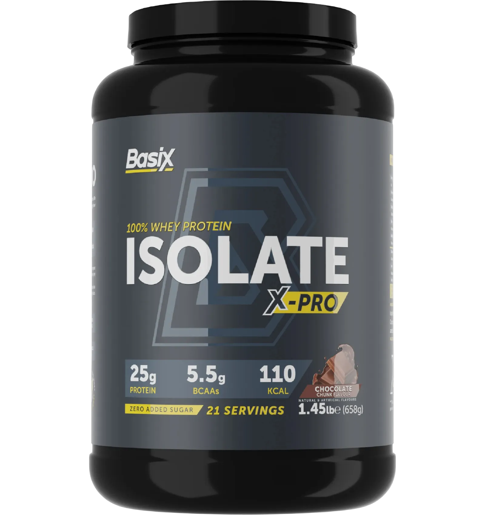 Basix Isolate X-Pro whey protein powder chocolate flavor 1.45 lb tub