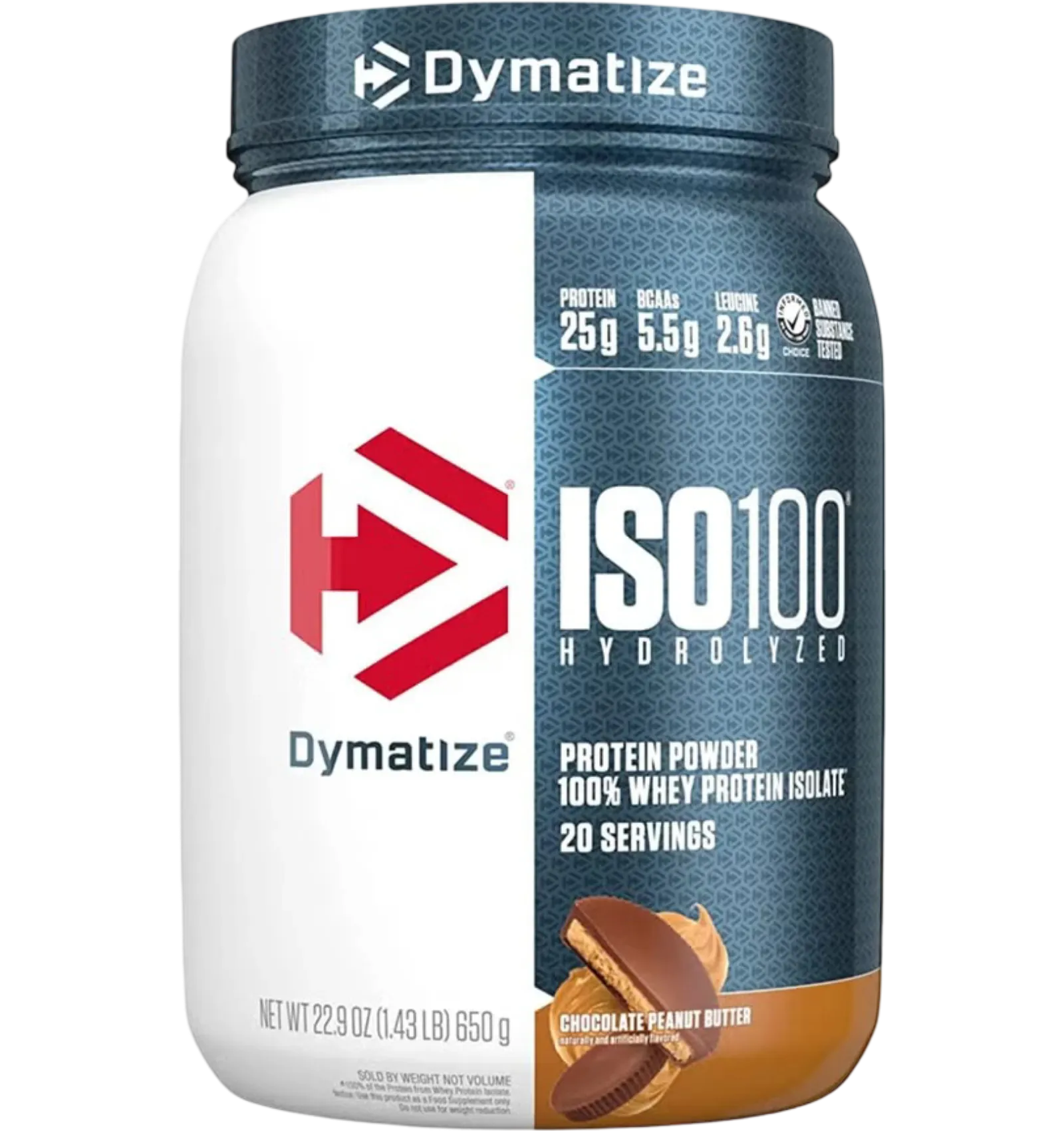 Dymatize ISO 100 whey isolate in chocolate peanut butter flavor 650g tub