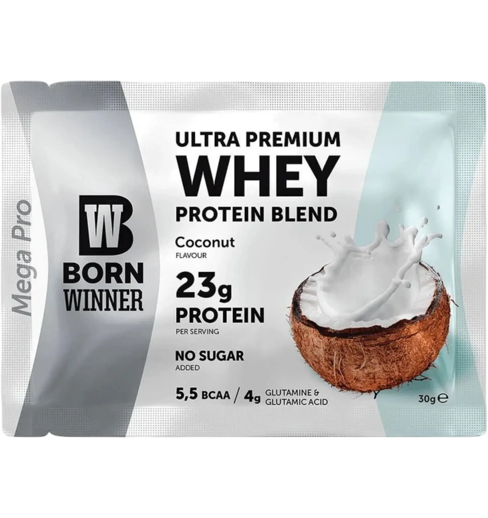 Born Winner Mega Pro ultra premium whey protein in coconut flavor