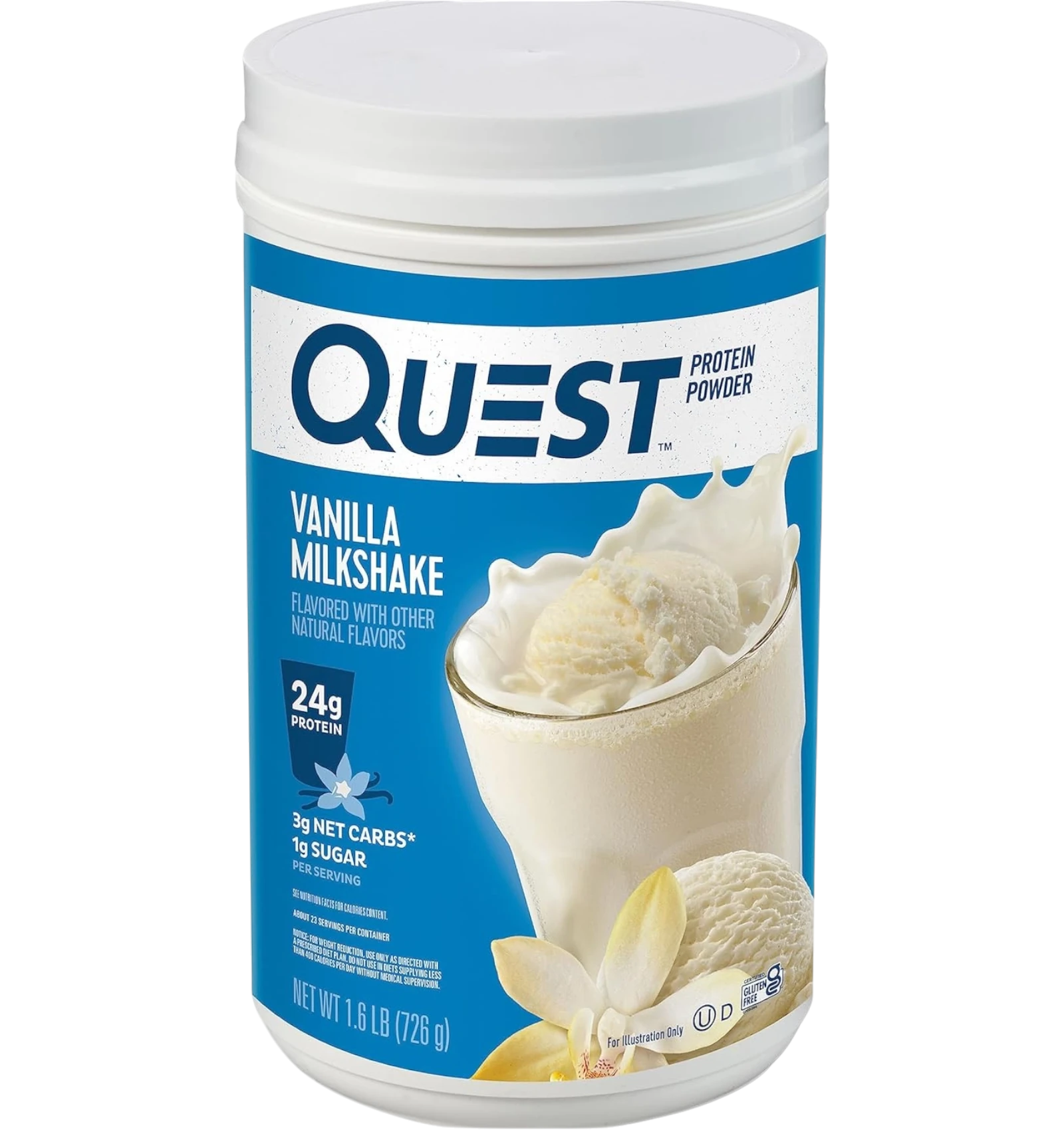 Quest Nutrition vanilla milkshake protein powder tub containing 726 grams