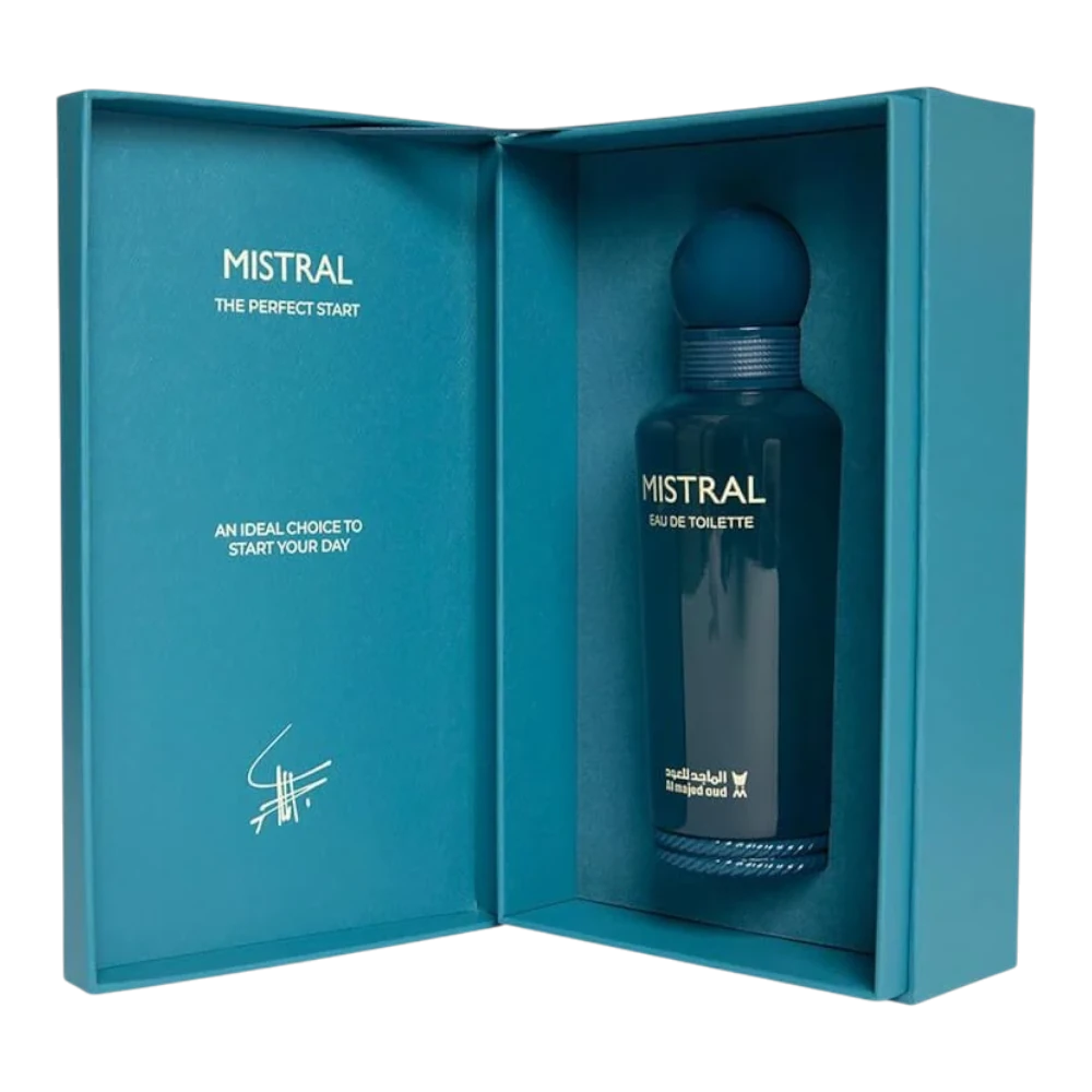 عطر الماجد للعود ميسترال او دي تواليت بحجم 150 مل بتصميم فيروزي