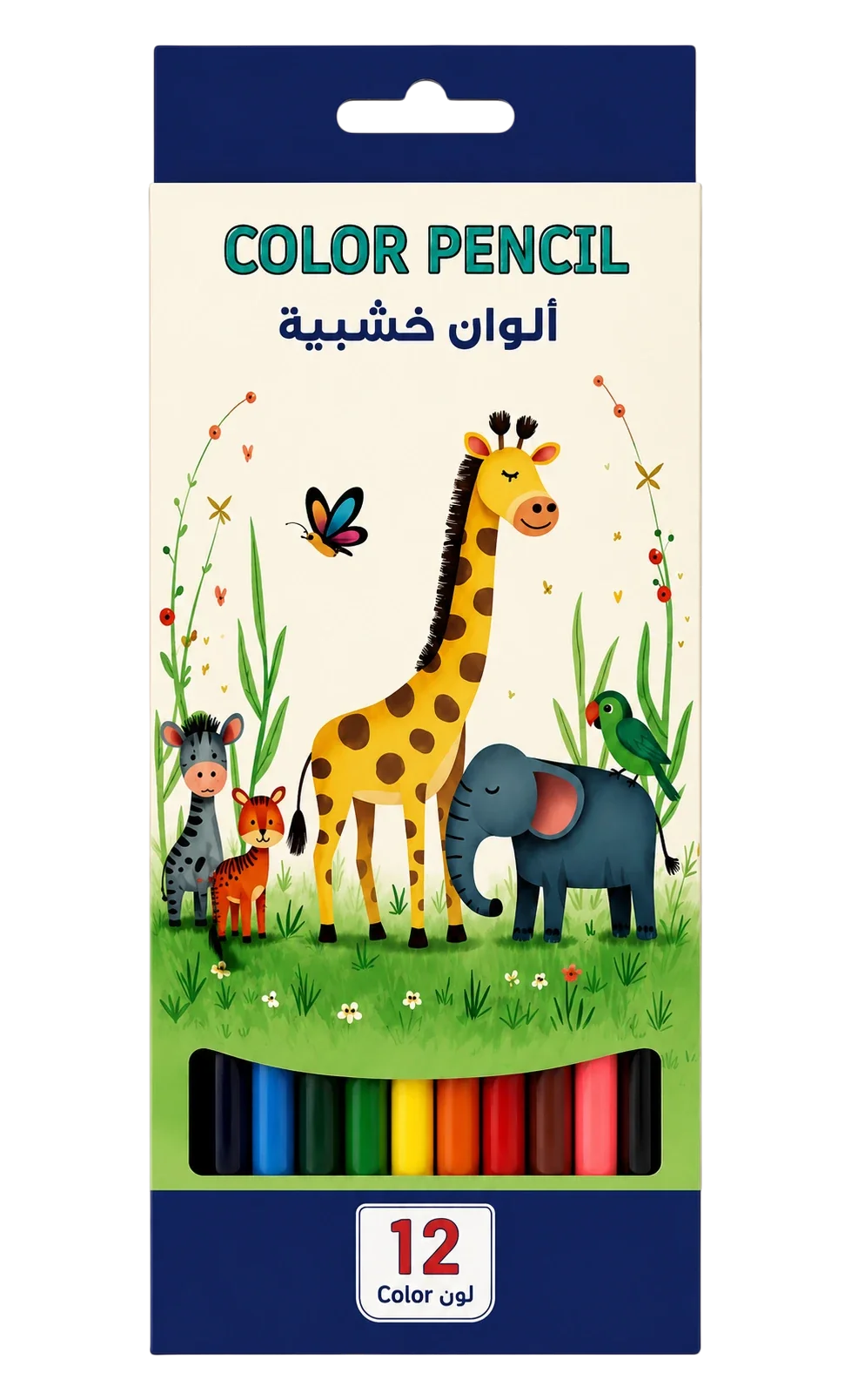 الوان خشبية لينو 12 لون HB بعلبة مزينة برسومات حيوانات